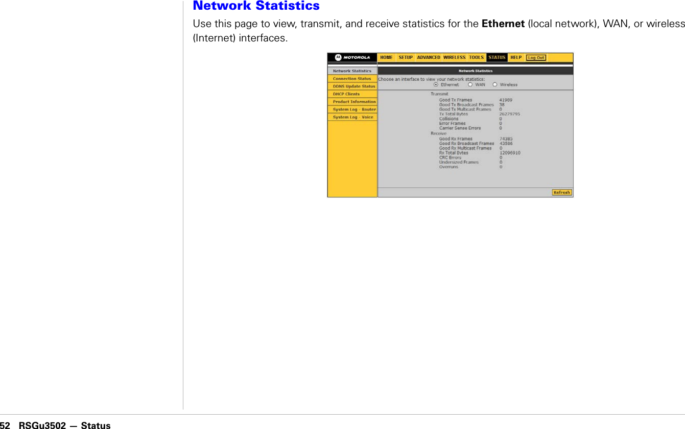 52 RSGu3502 — Status                               RSGu3502 — StatusNetwork StatisticsUse this page to view, transmit, and receive statistics for the Ethernet (local network), WAN, or wireless (Internet) interfaces.