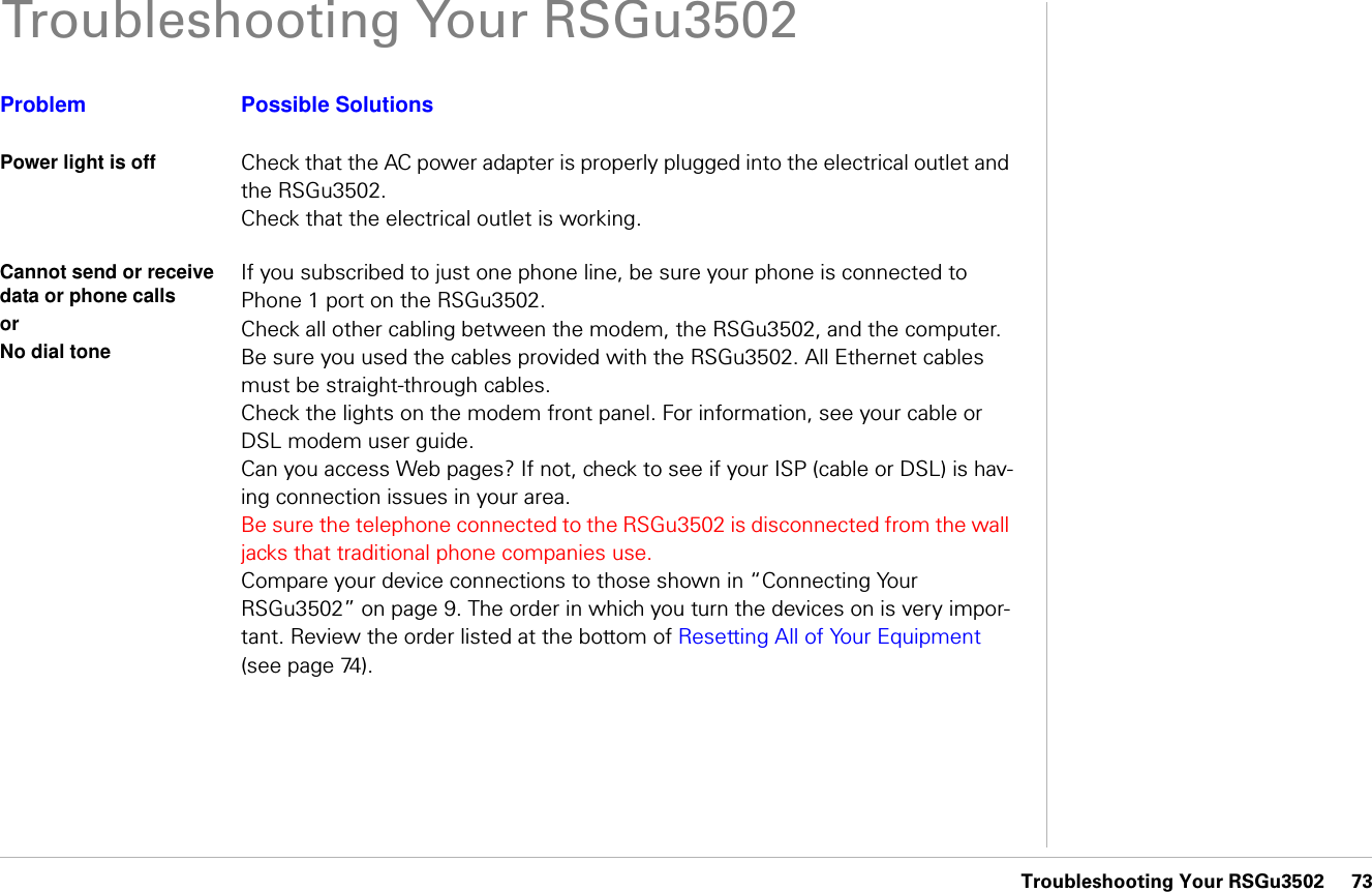 Troubleshooting Your RSGu3502     73Troubleshooting Your RSGu3502Problem Possible SolutionsPower light is off Check that the AC power adapter is properly plugged into the electrical outlet and the RSGu3502.Check that the electrical outlet is working.Cannot send or receive data or phone callsor No dial toneIf you subscribed to just one phone line, be sure your phone is connected to Phone 1 port on the RSGu3502.Check all other cabling between the modem, the RSGu3502, and the computer. Be sure you used the cables provided with the RSGu3502. All Ethernet cables must be straight-through cables. Check the lights on the modem front panel. For information, see your cable or DSL modem user guide.Can you access Web pages? If not, check to see if your ISP (cable or DSL) is hav-ing connection issues in your area.Be sure the telephone connected to the RSGu3502 is disconnected from the wall jacks that traditional phone companies use. Compare your device connections to those shown in “Connecting Your RSGu3502” on page 9. The order in which you turn the devices on is very impor-tant. Review the order listed at the bottom of Resetting All of Your Equipment (see page 74).