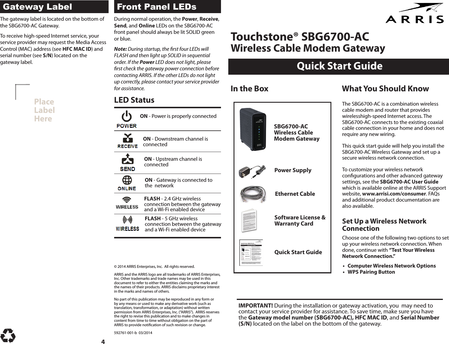 ARRIS SBG6700 Dual band Access Point User Manual Quick Start Guide