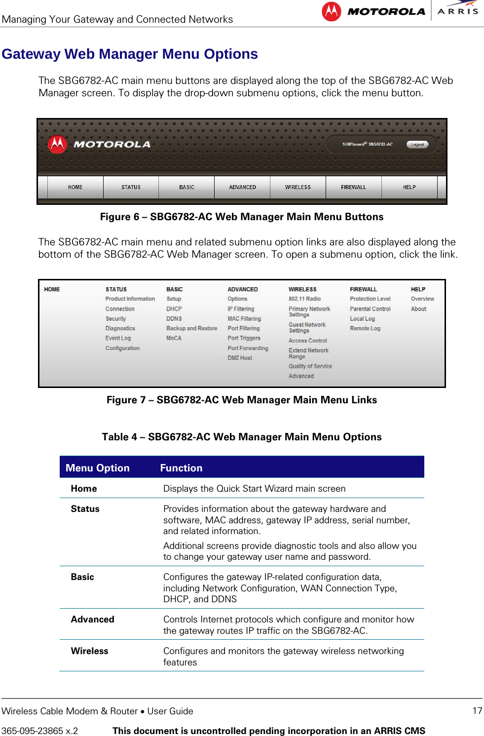 Managing Your Gateway and Connected Networks   Wireless Cable Modem &amp; Router • User Guide 17 365-095-23865 x.2   This document is uncontrolled pending incorporation in an ARRIS CMS  Gateway Web Manager Menu Options The SBG6782-AC main menu buttons are displayed along the top of the SBG6782-AC Web Manager screen. To display the drop-down submenu options, click the menu button.  Figure 6 – SBG6782-AC Web Manager Main Menu Buttons The SBG6782-AC main menu and related submenu option links are also displayed along the bottom of the SBG6782-AC Web Manager screen. To open a submenu option, click the link.  Figure 7 – SBG6782-AC Web Manager Main Menu Links  Table 4 – SBG6782-AC Web Manager Main Menu Options Menu Option Function Home Displays the Quick Start Wizard main screen Status Provides information about the gateway hardware and software, MAC address, gateway IP address, serial number, and related information. Additional screens provide diagnostic tools and also allow you to change your gateway user name and password. Basic  Configures the gateway IP-related configuration data, including Network Configuration, WAN Connection Type, DHCP, and DDNS  Advanced Controls Internet protocols which configure and monitor how the gateway routes IP traffic on the SBG6782-AC. Wireless Configures and monitors the gateway wireless networking features 