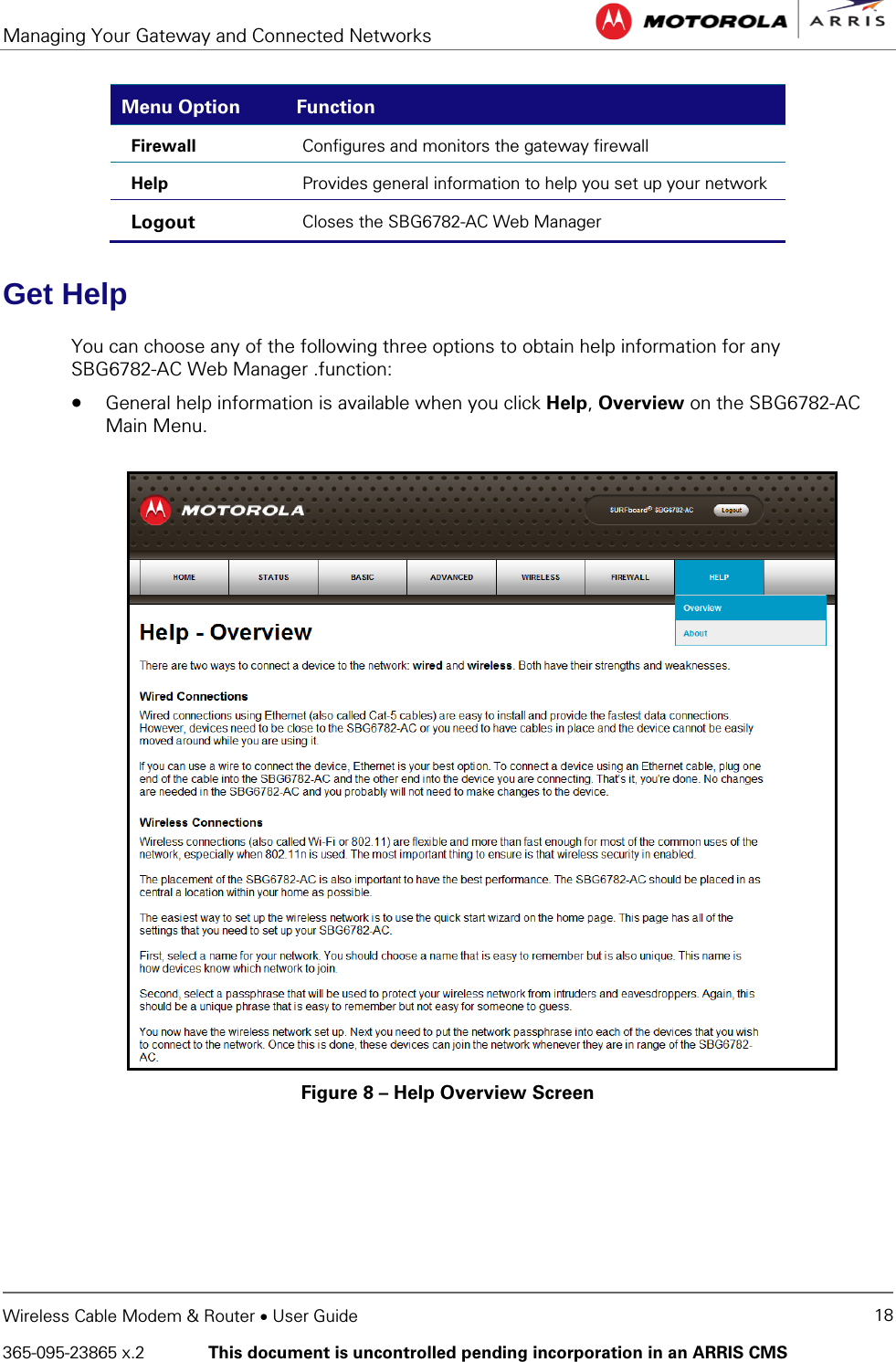 Managing Your Gateway and Connected Networks   Wireless Cable Modem &amp; Router • User Guide 18 365-095-23865 x.2   This document is uncontrolled pending incorporation in an ARRIS CMS  Menu Option Function Firewall Configures and monitors the gateway firewall Help Provides general information to help you set up your network  Logout Closes the SBG6782-AC Web Manager Get Help You can choose any of the following three options to obtain help information for any SBG6782-AC Web Manager .function: • General help information is available when you click Help, Overview on the SBG6782-AC Main Menu.  Figure 8 – Help Overview Screen 