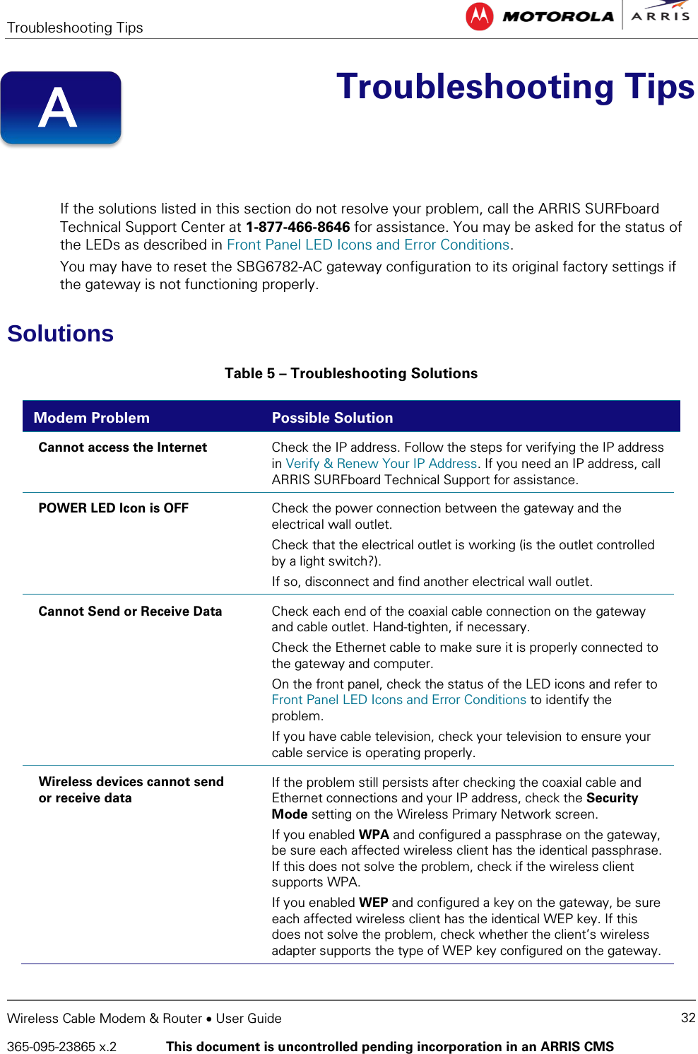 Troubleshooting Tips   Wireless Cable Modem &amp; Router • User Guide 32 365-095-23865 x.2   This document is uncontrolled pending incorporation in an ARRIS CMS   Troubleshooting Tips   If the solutions listed in this section do not resolve your problem, call the ARRIS SURFboard Technical Support Center at 1-877-466-8646 for assistance. You may be asked for the status of the LEDs as described in Front Panel LED Icons and Error Conditions. You may have to reset the SBG6782-AC gateway configuration to its original factory settings if the gateway is not functioning properly. Solutions Table 5 – Troubleshooting Solutions Modem Problem Possible Solution Cannot access the Internet Check the IP address. Follow the steps for verifying the IP address in Verify &amp; Renew Your IP Address. If you need an IP address, call ARRIS SURFboard Technical Support for assistance. POWER LED Icon is OFF Check the power connection between the gateway and the electrical wall outlet. Check that the electrical outlet is working (is the outlet controlled by a light switch?). If so, disconnect and find another electrical wall outlet. Cannot Send or Receive Data Check each end of the coaxial cable connection on the gateway and cable outlet. Hand-tighten, if necessary. Check the Ethernet cable to make sure it is properly connected to the gateway and computer. On the front panel, check the status of the LED icons and refer to Front Panel LED Icons and Error Conditions to identify the problem. If you have cable television, check your television to ensure your cable service is operating properly. Wireless devices cannot send or receive data If the problem still persists after checking the coaxial cable and Ethernet connections and your IP address, check the Security Mode setting on the Wireless Primary Network screen. If you enabled WPA and configured a passphrase on the gateway, be sure each affected wireless client has the identical passphrase. If this does not solve the problem, check if the wireless client supports WPA. If you enabled WEP and configured a key on the gateway, be sure each affected wireless client has the identical WEP key. If this does not solve the problem, check whether the client’s wireless adapter supports the type of WEP key configured on the gateway. A 