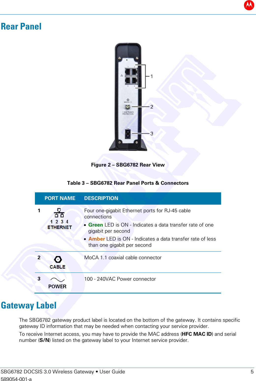 B   SBG6782 DOCSIS 3.0 Wireless Gateway • User Guide 5 589054-001-a                  Rear Panel  Figure 2 – SBG6782 Rear View  Table 3 – SBG6782 Rear Panel Ports &amp; Connectors      PORT NAME DESCRIPTION 1  Four one-gigabit Ethernet ports for RJ-45 cable connections • Green LED is ON - Indicates a data transfer rate of one gigabit per second • Amber LED is ON - Indicates a data transfer rate of less than one gigabit per second 2  MoCA 1.1 coaxial cable connector 3  100 - 240VAC Power connector Gateway Label The SBG6782 gateway product label is located on the bottom of the gateway. It contains specific gateway ID information that may be needed when contacting your service provider.  To receive Internet access, you may have to provide the MAC address (HFC MAC ID) and serial number (S/N) listed on the gateway label to your Internet service provider.  DRAFT