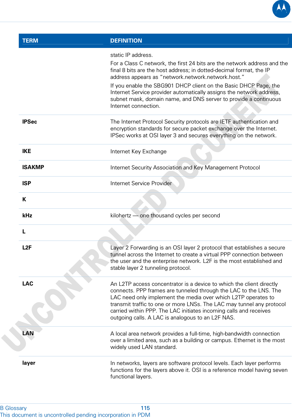  B Glossary  115 This document is uncontrolled pending incorporation in PDM  TERM  DEFINITION static IP address. For a Class C network, the first 24 bits are the network address and the final 8 bits are the host address; in dotted-decimal format, the IP address appears as “network.network.network.host.” If you enable the SBG901 DHCP client on the Basic DHCP Page, the Internet Service provider automatically assigns the network address, subnet mask, domain name, and DNS server to provide a continuous Internet connection. IPSec  The Internet Protocol Security protocols are IETF authentication and encryption standards for secure packet exchange over the Internet. IPSec works at OSI layer 3 and secures everything on the network. IKE  Internet Key Exchange ISAKMP   Internet Security Association and Key Management Protocol ISP  Internet Service Provider K   kHz  kilohertz — one thousand cycles per second L   L2F  Layer 2 Forwarding is an OSI layer 2 protocol that establishes a secure tunnel across the Internet to create a virtual PPP connection between the user and the enterprise network. L2F is the most established and stable layer 2 tunneling protocol. LAC  An L2TP access concentrator is a device to which the client directly connects. PPP frames are tunneled through the LAC to the LNS. The LAC need only implement the media over which L2TP operates to transmit traffic to one or more LNSs. The LAC may tunnel any protocol carried within PPP. The LAC initiates incoming calls and receives outgoing calls. A LAC is analogous to an L2F NAS. LAN  A local area network provides a full-time, high-bandwidth connection over a limited area, such as a building or campus. Ethernet is the most widely used LAN standard. layer  In networks, layers are software protocol levels. Each layer performs functions for the layers above it. OSI is a reference model having seven functional layers. 