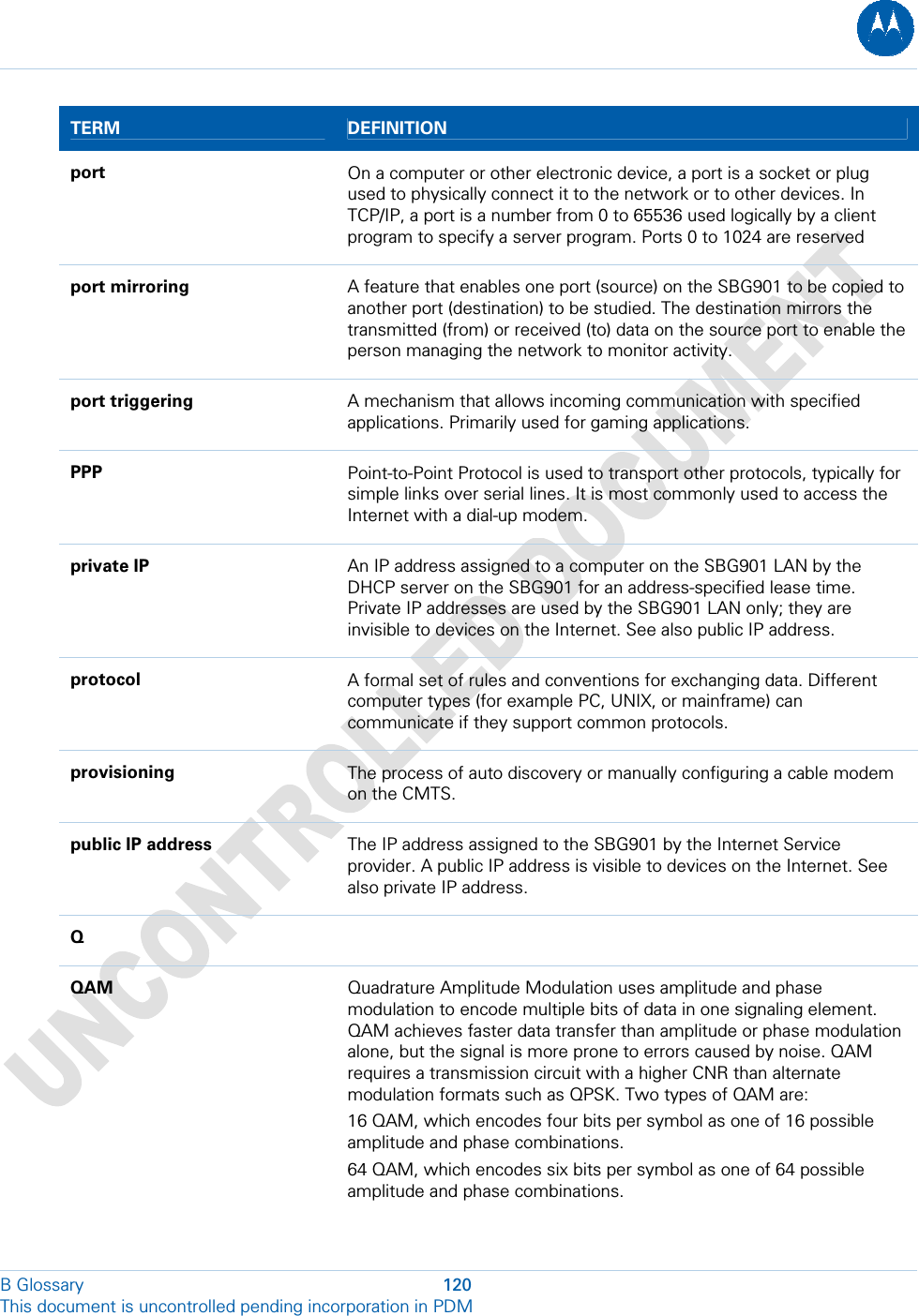  B Glossary  120 This document is uncontrolled pending incorporation in PDM  TERM  DEFINITION port  On a computer or other electronic device, a port is a socket or plug used to physically connect it to the network or to other devices. In TCP/IP, a port is a number from 0 to 65536 used logically by a client program to specify a server program. Ports 0 to 1024 are reserved port mirroring  A feature that enables one port (source) on the SBG901 to be copied to another port (destination) to be studied. The destination mirrors the transmitted (from) or received (to) data on the source port to enable the person managing the network to monitor activity. port triggering  A mechanism that allows incoming communication with specified applications. Primarily used for gaming applications. PPP  Point-to-Point Protocol is used to transport other protocols, typically for simple links over serial lines. It is most commonly used to access the Internet with a dial-up modem. private IP  An IP address assigned to a computer on the SBG901 LAN by the DHCP server on the SBG901 for an address-specified lease time. Private IP addresses are used by the SBG901 LAN only; they are invisible to devices on the Internet. See also public IP address. protocol  A formal set of rules and conventions for exchanging data. Different computer types (for example PC, UNIX, or mainframe) can communicate if they support common protocols. provisioning  The process of auto discovery or manually configuring a cable modem on the CMTS. public IP address  The IP address assigned to the SBG901 by the Internet Service provider. A public IP address is visible to devices on the Internet. See also private IP address. Q   QAM  Quadrature Amplitude Modulation uses amplitude and phase modulation to encode multiple bits of data in one signaling element. QAM achieves faster data transfer than amplitude or phase modulation alone, but the signal is more prone to errors caused by noise. QAM requires a transmission circuit with a higher CNR than alternate modulation formats such as QPSK. Two types of QAM are: 16 QAM, which encodes four bits per symbol as one of 16 possible amplitude and phase combinations. 64 QAM, which encodes six bits per symbol as one of 64 possible amplitude and phase combinations. 