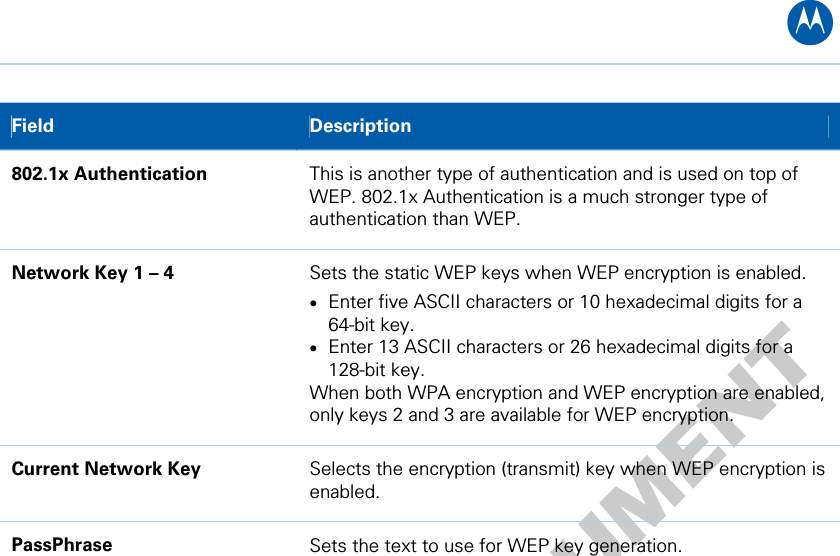B Field   Description 802.1x Authentication  This is another type of authentication and is used on top of WEP. 802.1x Authentication is a much stronger type of authentication than WEP. Network Key 1 – 4  Sets the static WEP keys when WEP encryption is enabled. • Enter five ASCII characters or 10 hexadecimal digits for a 64-bit key. • Enter 13 ASCII characters or 26 hexadecimal digits for a 128-bit key. When both WPA encryption and WEP encryption are enabled, only keys 2 and 3 are available for WEP encryption. Current Network Key  Selects the encryption (transmit) key when WEP encryption is enabled. PassPhrase  Sets the text to use for WEP key generation. 10 • Wireless Pages 55   
