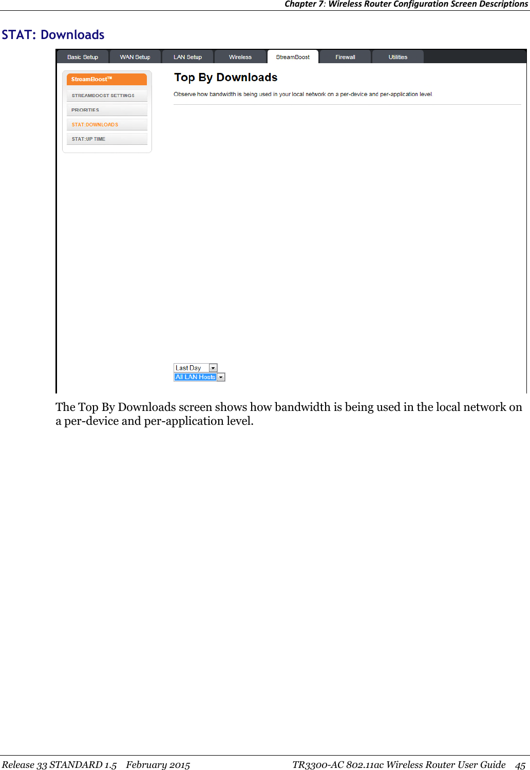 Chapter 7:Wireless Router Configuration Screen DescriptionsRelease 33 STANDARD 1.5 February 2015 TR3300-AC 802.11ac Wireless Router User Guide 45STAT: DownloadsThe Top By Downloads screen shows how bandwidth is being used in the local network ona per-device and per-application level.