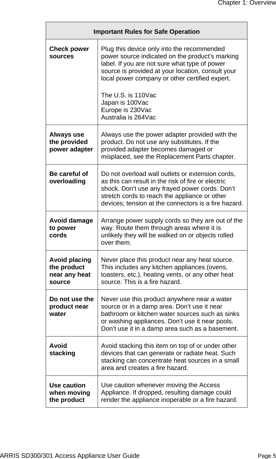     Chapter 1: Overview  ARRIS SD300/301 Access Appliance User Guide  Page 5 Important Rules for Safe Operation Check power sources  Plug this device only into the recommended power source indicated on the product’s marking label. If you are not sure what type of power source is provided at your location, consult your local power company or other certified expert. The U.S. is 110Vac Japan is 100Vac Europe is 230Vac Australia is 264Vac Always use the provided power adapter Always use the power adapter provided with the product. Do not use any substitutes. If the provided adapter becomes damaged or misplaced, see the Replacement Parts chapter. Be careful of overloading  Do not overload wall outlets or extension cords, as this can result in the risk of fire or electric shock. Don’t use any frayed power cords. Don’t stretch cords to reach the appliance or other devices; tension at the connectors is a fire hazard. Avoid damage to power cords Arrange power supply cords so they are out of the way. Route them through areas where it is unlikely they will be walked on or objects rolled over them. Avoid placing the product near any heat source Never place this product near any heat source. This includes any kitchen appliances (ovens, toasters, etc.), heating vents, or any other heat source. This is a fire hazard. Do not use the product near water Never use this product anywhere near a water source or in a damp area. Don’t use it near bathroom or kitchen water sources such as sinks or washing appliances. Don’t use it near pools. Don’t use it in a damp area such as a basement. Avoid stacking  Avoid stacking this item on top of or under other devices that can generate or radiate heat. Such stacking can concentrate heat sources in a small area and creates a fire hazard. Use caution when moving the product Use caution whenever moving the Access Appliance. If dropped, resulting damage could render the appliance inoperable or a fire hazard. 