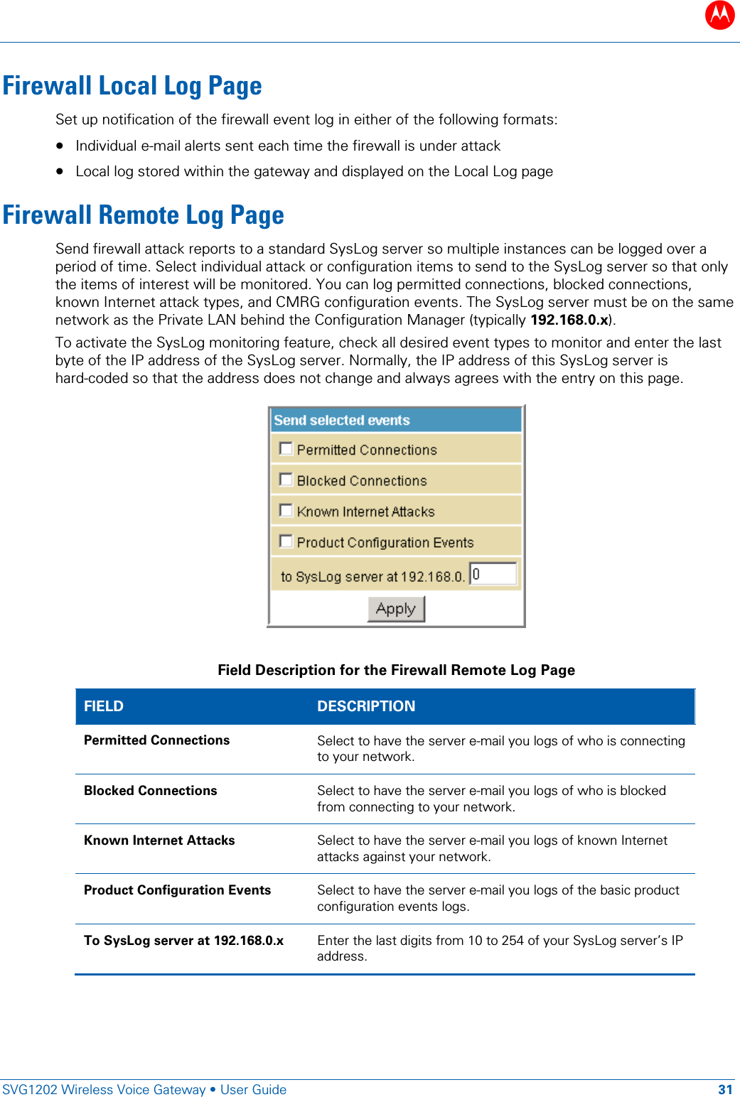 B   SVG1202 Wireless Voice Gateway • User Guide 31  Firewall Local Log Page Set up notification of the firewall event log in either of the following formats: • Individual e-mail alerts sent each time the firewall is under attack • Local log stored within the gateway and displayed on the Local Log page Firewall Remote Log Page Send firewall attack reports to a standard SysLog server so multiple instances can be logged over a period of time. Select individual attack or configuration items to send to the SysLog server so that only the items of interest will be monitored. You can log permitted connections, blocked connections, known Internet attack types, and CMRG configuration events. The SysLog server must be on the same network as the Private LAN behind the Configuration Manager (typically 192.168.0.x).  To activate the SysLog monitoring feature, check all desired event types to monitor and enter the last byte of the IP address of the SysLog server. Normally, the IP address of this SysLog server is hard-coded so that the address does not change and always agrees with the entry on this page.   Field Description for the Firewall Remote Log Page FIELD  DESCRIPTION Permitted Connections Select to have the server e-mail you logs of who is connecting to your network. Blocked Connections Select to have the server e-mail you logs of who is blocked from connecting to your network. Known Internet Attacks Select to have the server e-mail you logs of known Internet attacks against your network. Product Configuration Events Select to have the server e-mail you logs of the basic product configuration events logs. To SysLog server at 192.168.0.x  Enter the last digits from 10 to 254 of your SysLog server’s IP address.     