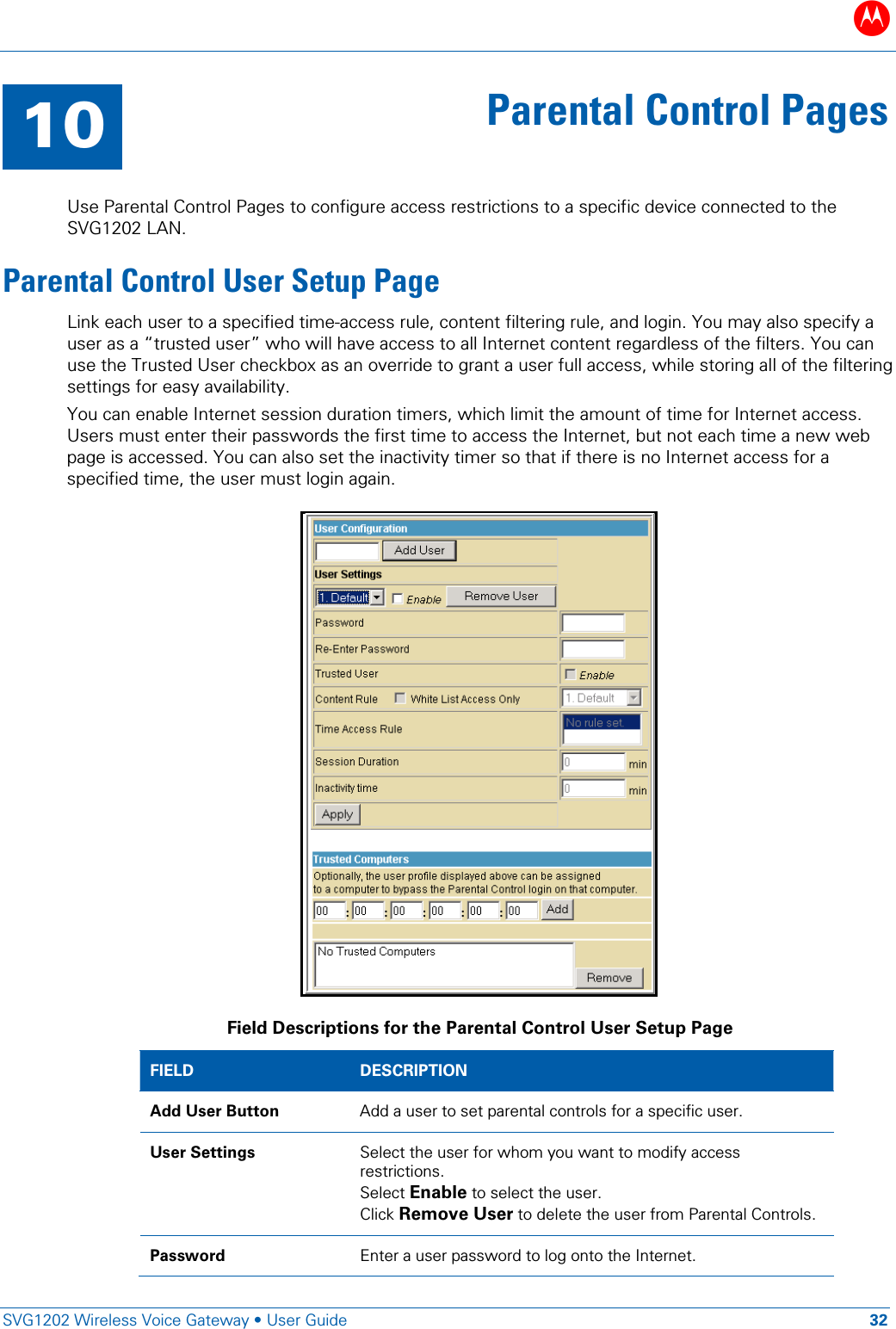 B   SVG1202 Wireless Voice Gateway • User Guide 32  10 Parental Control Pages  Use Parental Control Pages to configure access restrictions to a specific device connected to the SVG1202 LAN. Parental Control User Setup Page Link each user to a specified time-access rule, content filtering rule, and login. You may also specify a user as a “trusted user” who will have access to all Internet content regardless of the filters. You can use the Trusted User checkbox as an override to grant a user full access, while storing all of the filtering settings for easy availability. You can enable Internet session duration timers, which limit the amount of time for Internet access. Users must enter their passwords the first time to access the Internet, but not each time a new web page is accessed. You can also set the inactivity timer so that if there is no Internet access for a specified time, the user must login again.  Field Descriptions for the Parental Control User Setup Page FIELD  DESCRIPTION Add User Button Add a user to set parental controls for a specific user. User Settings Select the user for whom you want to modify access restrictions. Select Enable to select the user. Click Remove User to delete the user from Parental Controls.  Password Enter a user password to log onto the Internet. 