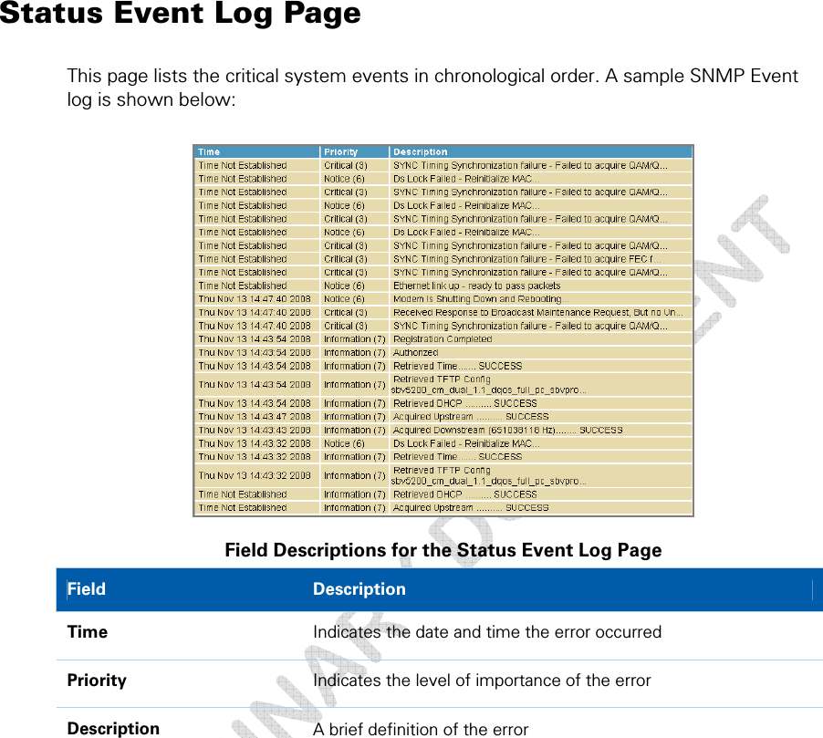  Status Event Log Page This page lists the critical system events in chronological order. A sample SNMP Event log is shown below:   Field Descriptions for the Status Event Log Page Field   Description Time  Indicates the date and time the error occurred Priority  Indicates the level of importance of the error Description  A brief definition of the error  4 • Status Pages  32 This document is uncontrolled pending incorporation in a Motorola CMS 
