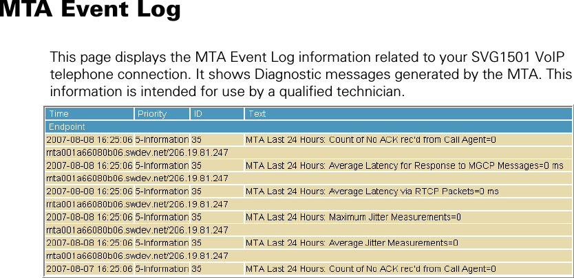  MTA Event Log This page displays the MTA Event Log information related to your SVG1501 VoIP telephone connection. It shows Diagnostic messages generated by the MTA. This information is intended for use by a qualified technician.  7 • MTA Pages  53 This document is uncontrolled pending incorporation in a Motorola CMS 