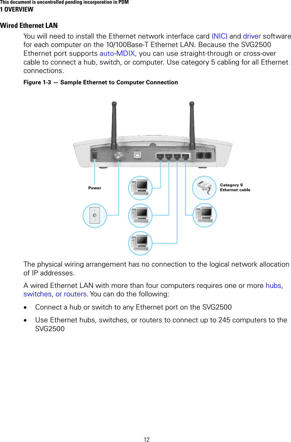 This document is uncontrolled pending incorporation in PDM 1 OVERVIEW 12 Wired Ethernet LAN You will need to install the Ethernet network interface card (NIC) and driver software for each computer on the 10/100Base-T Ethernet LAN. Because the SVG2500 Ethernet port supports auto-MDIX, you can use straight-through or cross-over cable to connect a hub, switch, or computer. Use category 5 cabling for all Ethernet connections. Figure 1-3 — Sample Ethernet to Computer Connection  The physical wiring arrangement has no connection to the logical network allocation of IP addresses. A wired Ethernet LAN with more than four computers requires one or more hubs, switches, or routers. You can do the following: • Connect a hub or switch to any Ethernet port on the SVG2500 • Use Ethernet hubs, switches, or routers to connect up to 245 computers to the SVG2500 