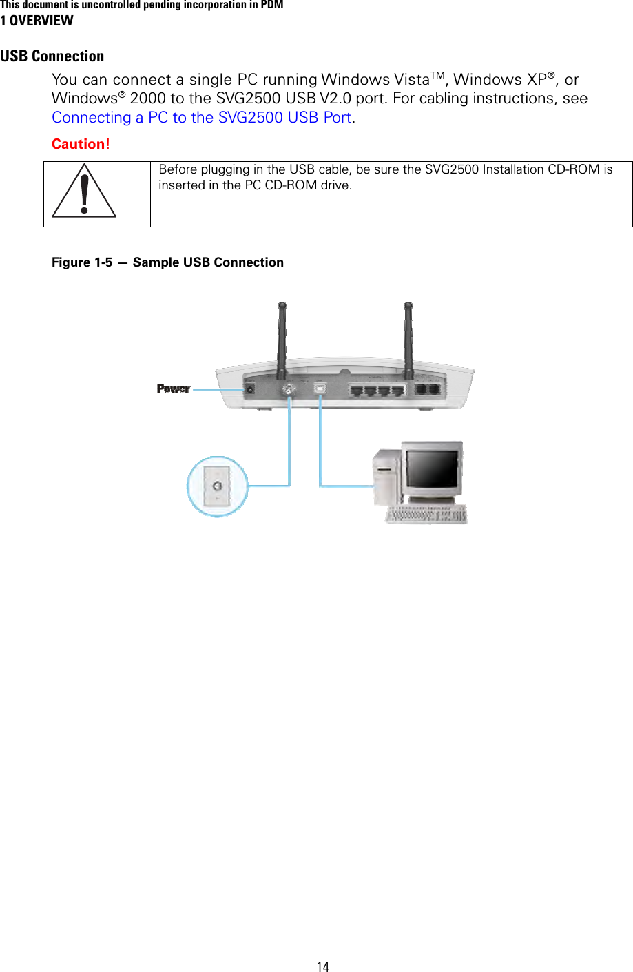 This document is uncontrolled pending incorporation in PDM 1 OVERVIEW 14 USB Connection You can connect a single PC running Windows VistaTM, Windows XP®, or Windows® 2000 to the SVG2500 USB V2.0 port. For cabling instructions, see Connecting a PC to the SVG2500 USB Port. Caution!  Before plugging in the USB cable, be sure the SVG2500 Installation CD-ROM is inserted in the PC CD-ROM drive.  Figure 1-5 — Sample USB Connection   