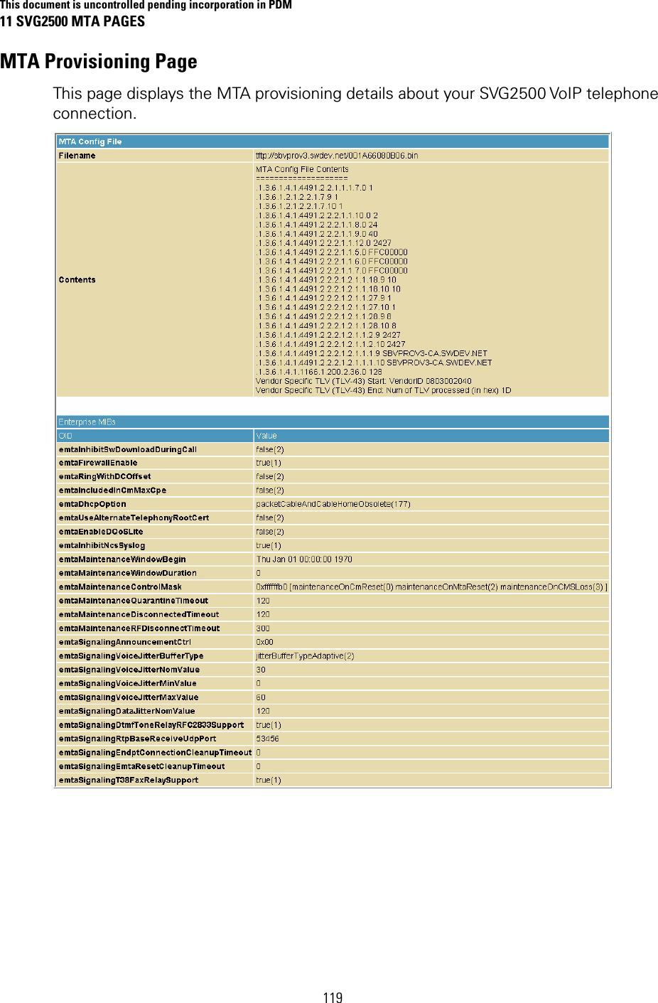 This document is uncontrolled pending incorporation in PDM 11 SVG2500 MTA PAGES  119 MTA Provisioning Page This page displays the MTA provisioning details about your SVG2500 VoIP telephone connection.  