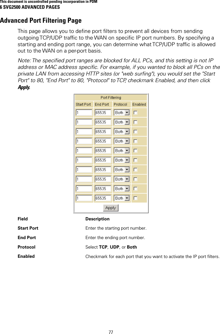 This document is uncontrolled pending incorporation in PDM 6 SVG2500 ADVANCED PAGES  77 Advanced Port Filtering Page This page allows you to define port filters to prevent all devices from sending outgoing TCP/UDP traffic to the WAN on specific IP port numbers. By specifying a starting and ending port range, you can determine what TCP/UDP traffic is allowed out to the WAN on a per-port basis. Note: The specified port ranges are blocked for ALL PCs, and this setting is not IP address or MAC address specific. For example, if you wanted to block all PCs on the private LAN from accessing HTTP sites (or &quot;web surfing&quot;), you would set the &quot;Start Port&quot; to 80, &quot;End Port&quot; to 80, &quot;Protocol&quot; to TCP, checkmark Enabled, and then click Apply.  Field   Description Start Port  Enter the starting port number. End Port  Enter the ending port number. Protocol  Select TCP, UDP, or Both Enabled  Checkmark for each port that you want to activate the IP port filters.  
