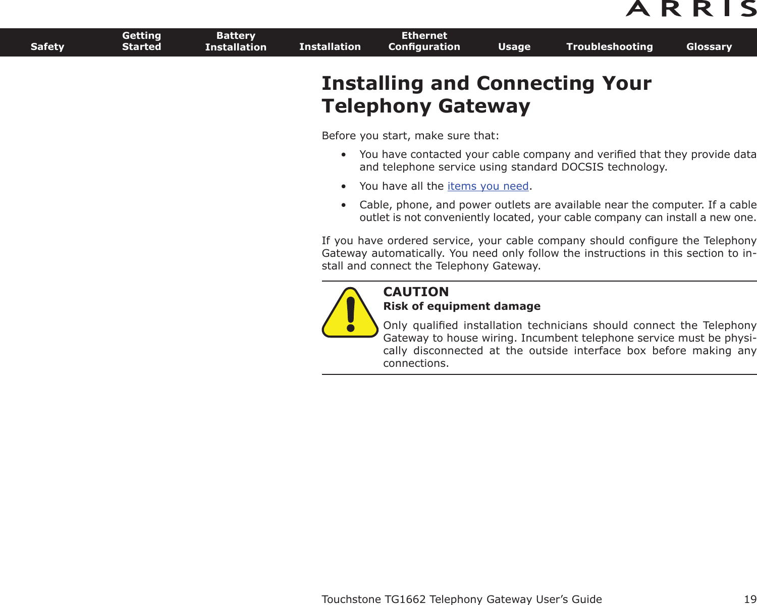 ARRIS TG1672 Touchstone Telephony Gateway User Manual Touchstone TG1662