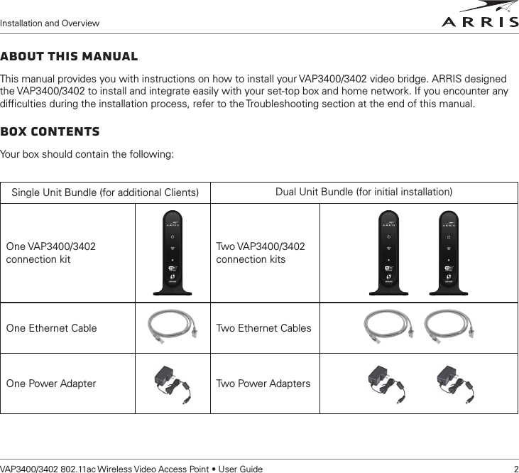 Installation and OverviewVAP3400/3402 802.11ac Wireless Video Access Point • User Guide    2About this ManualThis manual provides you with instructions on how to install your VAP3400/3402 video bridge. ARRIS designed the VAP3400/3402 to install and integrate easily with your set-top box and home network. If you encounter any difﬁculties during the installation process, refer to the Troubleshooting section at the end of this manual.Box ContentsYour box should contain the following: Single Unit Bundle (for additional Clients) Dual Unit Bundle (for initial installation)One VAP3400/3402 connection kitTwo VAP3400/3402 connection kits       One Ethernet Cable Two Ethernet Cables   One Power Adapter Two Power Adapters       