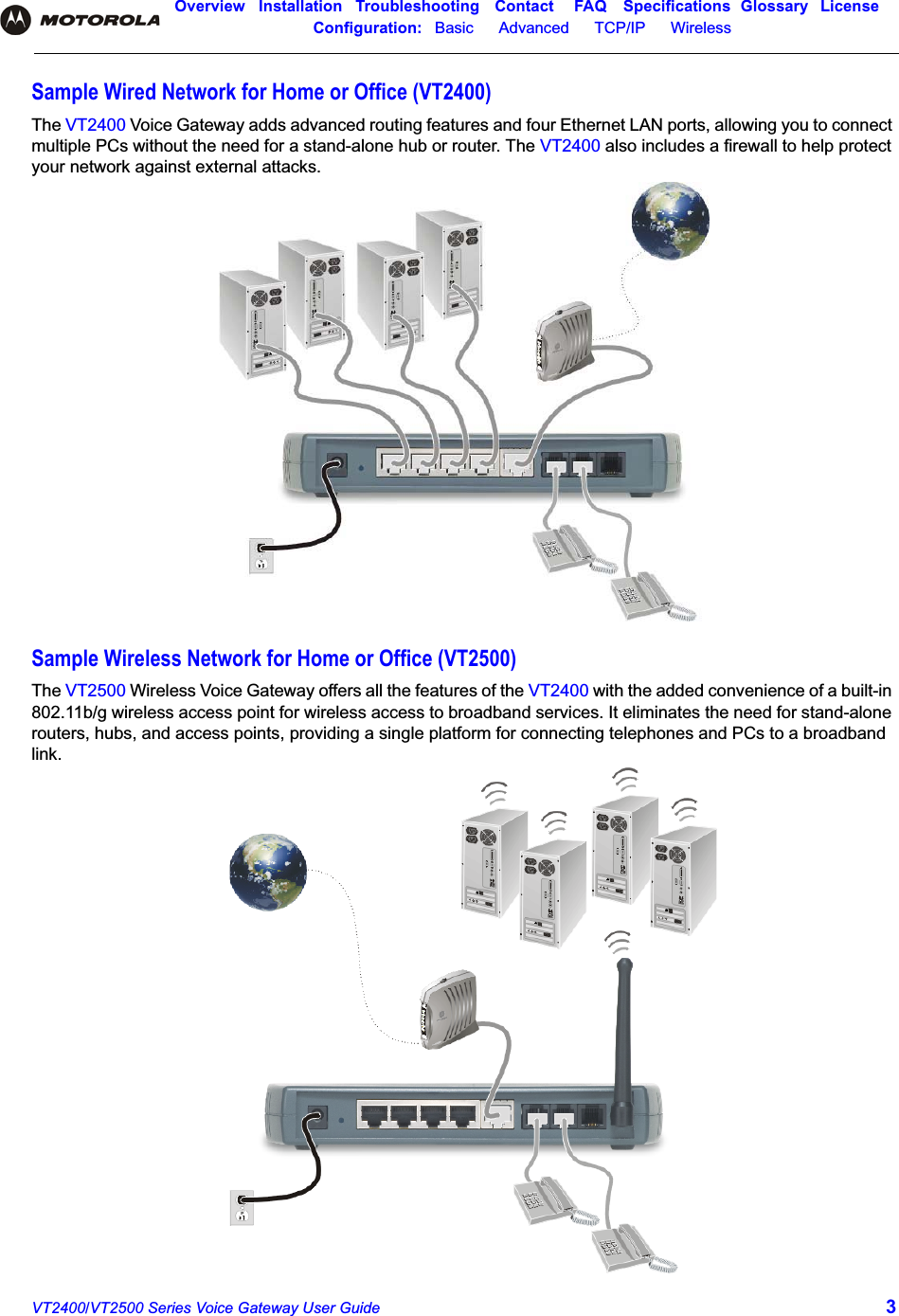 Overview Installation Troubleshooting Contact FAQ Specifications Glossary LicenseConfiguration:   Basic      Advanced      TCP/IP      Wireless VT2400/VT2500 Series Voice Gateway User Guide 3Sample Wired Network for Home or Office (VT2400)The VT2400 Voice Gateway adds advanced routing features and four Ethernet LAN ports, allowing you to connect multiple PCs without the need for a stand-alone hub or router. The VT2400 also includes a firewall to help protect your network against external attacks.Sample Wireless Network for Home or Office (VT2500)The VT2500 Wireless Voice Gateway offers all the features of the VT2400 with the added convenience of a built-in 802.11b/g wireless access point for wireless access to broadband services. It eliminates the need for stand-alone routers, hubs, and access points, providing a single platform for connecting telephones and PCs to a broadband link.