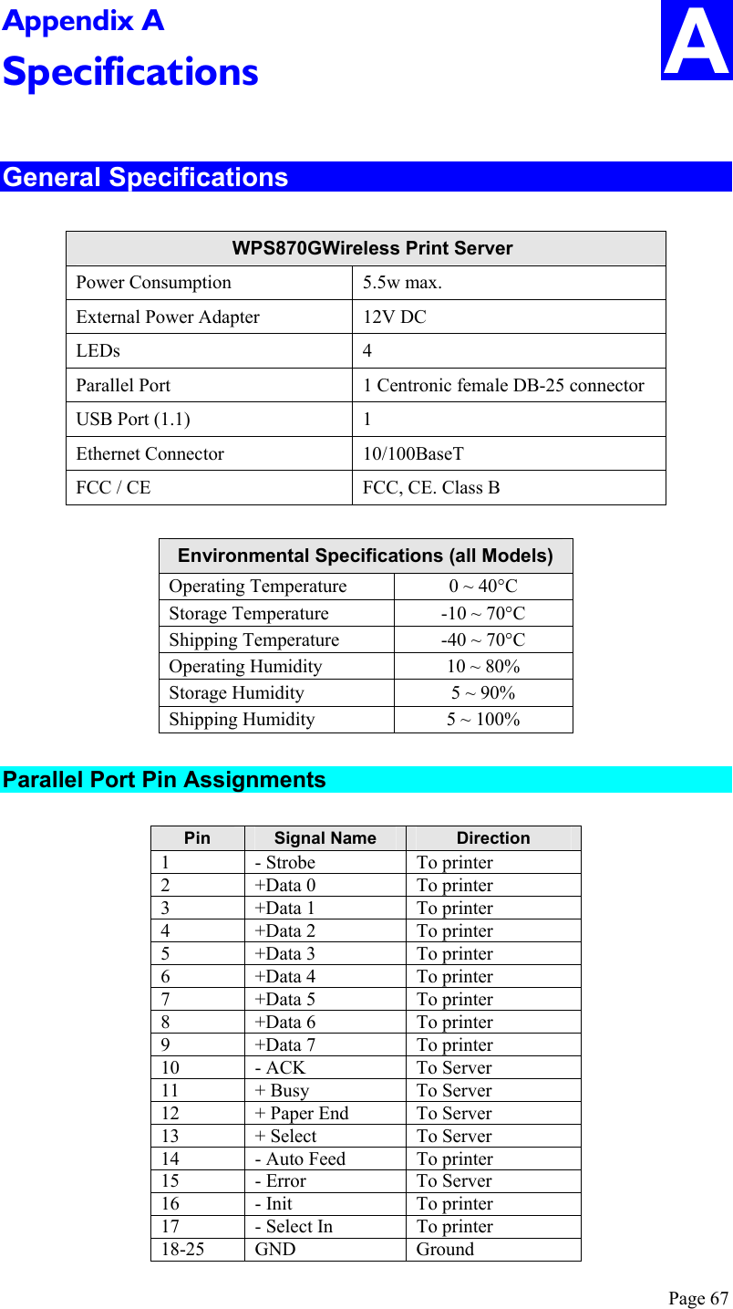  Page 67 Appendix A Specifications  General Specifications  WPS870GWireless Print Server Power Consumption  5.5w max. External Power Adapter  12V DC LEDs 4 Parallel Port  1 Centronic female DB-25 connector USB Port (1.1)  1 Ethernet Connector  10/100BaseT FCC / CE  FCC, CE. Class B  Environmental Specifications (all Models) Operating Temperature  0 ~ 40°C Storage Temperature  -10 ~ 70°C Shipping Temperature  -40 ~ 70°C Operating Humidity  10 ~ 80% Storage Humidity  5 ~ 90% Shipping Humidity  5 ~ 100%  Parallel Port Pin Assignments  Pin  Signal Name  Direction 1 - Strobe  To printer 2 +Data 0  To printer 3 +Data 1  To printer 4 +Data 2  To printer 5 +Data 3  To printer 6 +Data 4  To printer 7 +Data 5  To printer 8 +Data 6  To printer 9 +Data 7  To printer 10  - ACK  To Server 11 + Busy  To Server 12  + Paper End  To Server 13 + Select  To Server 14  - Auto Feed  To printer 15 - Error  To Server 16 - Init  To printer 17  - Select In  To printer 18-25 GND  Ground A 