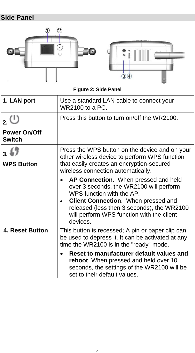  4 Side Panel           Figure 2: Side Panel  1. LAN port  Use a standard LAN cable to connect your WR2100 to a PC. 2.    Power On/Off Switch Press this button to turn on/off the WR2100. 3.    WPS Button Press the WPS button on the device and on your other wireless device to perform WPS function that easily creates an encryption-secured wireless connection automatically.  AP Connection.  When pressed and held over 3 seconds, the WR2100 will perform WPS function with the AP.  Client Connection.  When pressed and released (less then 3 seconds), the WR2100 will perform WPS function with the client devices. 4. Reset Button  This button is recessed; A pin or paper clip can be used to depress it. It can be activated at any time the WR2100 is in the &quot;ready&quot; mode.  Reset to manufacturer default values and reboot. When pressed and held over 10 seconds, the settings of the WR2100 will be set to their default values.  