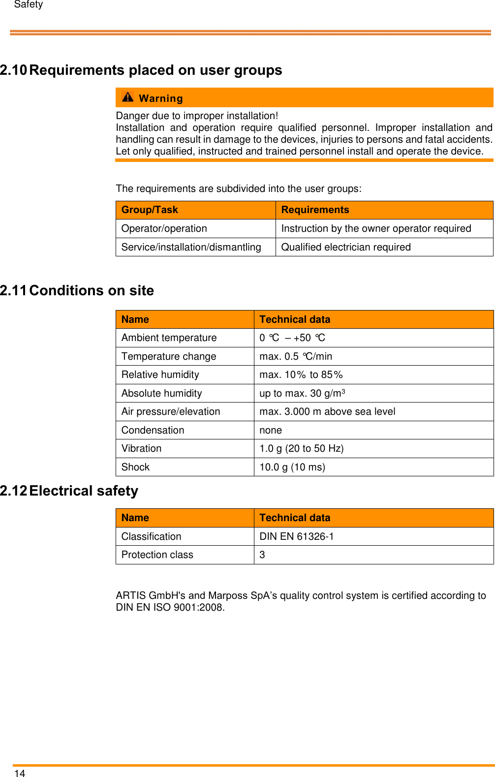 Safety   14    Pos: 24 /ARTIS/Sic herheit/Allg emein_Anford erungen (an Ben utzergruppen) _Ger&auml;te @ 0\ mod_13859762 59488_18.doc x @ 5525 @ 2 @  1  2.10 Requirements placed on user groups   Warning Danger due to improper installation! Installation  and  operation  require  qualified  personnel.  Improper  installation  and handling can result in damage to the devices, injuries to persons and fatal accidents. Let only qualified, instructed and trained personnel install and operate the device.  The requirements are subdivided into the user groups: Group/Task Requirements Operator/operation Instruction by the owner operator required Service/installation/dismantling Qualified electrician required  Pos: 25 /ARTIS/Sic herheit/Mess umformer/Allg emein_Umgeb ungsbedingung en bei Betrie b @ 0\mod_138 4438442389_1 8.docx @ 3461 @  22 @ 1 Environmental co nditions 2.11 Conditions on site    Name Technical data Ambient temperature 0 &deg;C  &ndash; +50 &deg;C Temperature change max. 0.5 &deg;C/min Relative humidity max. 10% to 85% Absolute humidity up to max. 30 g/m3 Air pressure/elevation max. 3.000 m above sea level Condensation none Vibration 1.0 g (20 to 50 Hz) Shock 10.0 g (10 ms) 2.12 Electrical safety Name Technical data Classification DIN EN 61326-1 Protection class 3  Pos: 26 /ARTIS/Sic herheit/S ysteme/Allgemein_ Qualit&auml;tssicher ung @ 1\mod _13922164963 11_18.docx @  11150 @  @ 1   ARTIS GmbH's and Marposs SpA&rsquo;s quality control system is certified according to DIN EN ISO 9001:2008. Pos: 27 /ARTIS/S eitenumbruch/-----Seite numbruch---- @ 0\mod_ 13845206663 14_18.docx @ 357 0 @  @ 1      
