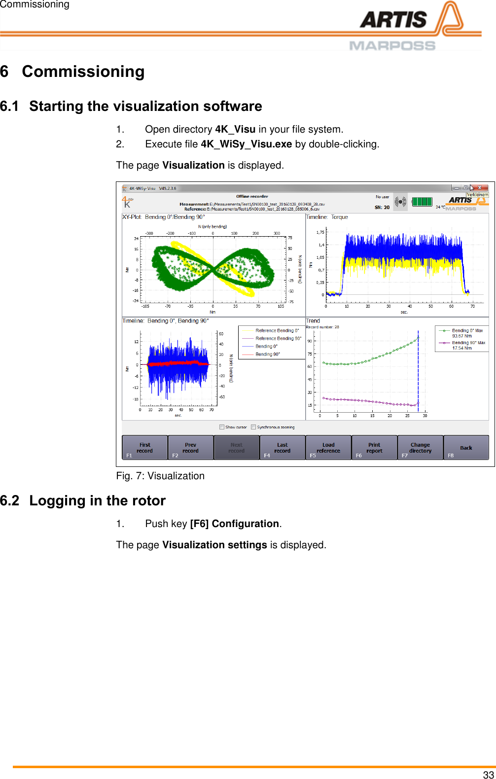 Commissioning 33  Pos: 54 /ARTIS/&Uuml;b erschriften/H1 /I/&Uuml;S_Inbetrieb nahme @ 0\ mod_138314298 3802_18.docx @ 1 992 @ 1 @ 1  6 Commissioning Pos: 55 /ARTIS/I nbetriebnahm e/Sensoren/Dreh momentsensor en/4KWISY_Inbetri ebnahme_S W_starten @  4\mod_14619 20476054_18. docx @ 18974 4 @ 2 @ 1  6.1 Starting the visualization software 1.Open directory 4K_Visu in your file system. 2.Execute file 4K_WiSy_Visu.exe by double-clicking. The page Visualization is displayed.   Fig. 7: Visualization Pos: 56 /ARTIS/I nbetriebnahm e/Sensoren/4KWI SY_Inbetrie bnahme_Rotor a nmelden @ 4\ mod_1467355 370820_18.d ocx @ 205587 @  2 @ 1  6.2 Logging in the rotor 1.Push key [F6] Configuration. The page Visualization settings is displayed.  