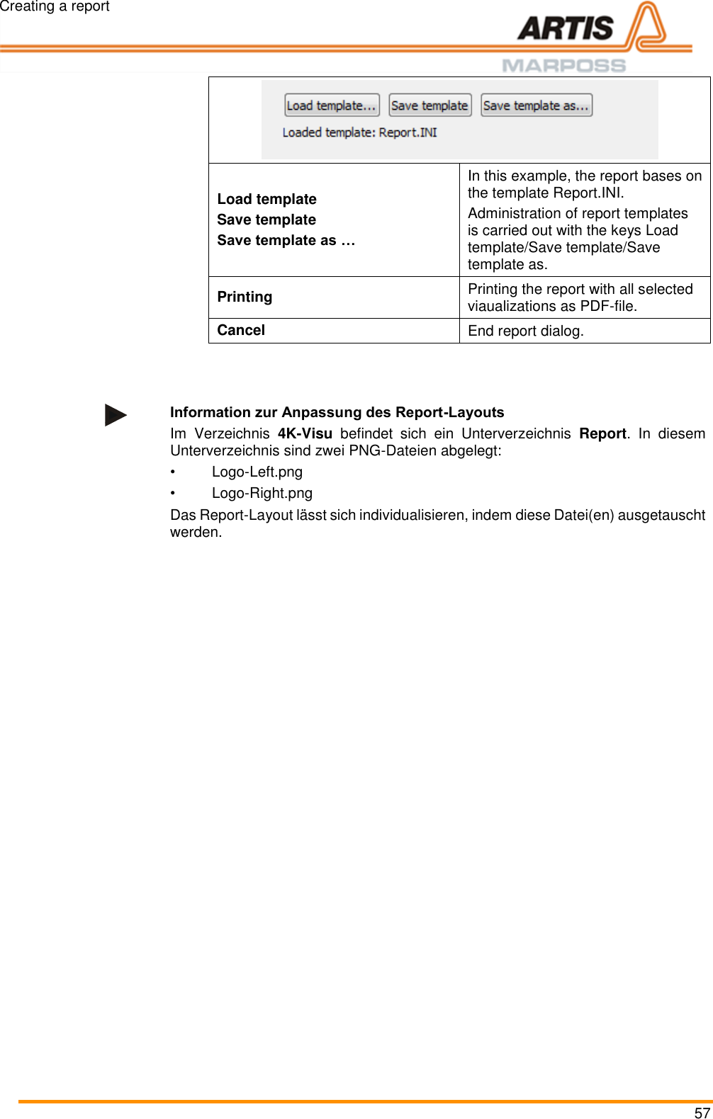 Creating a report 57  Load template Save template Save template as &hellip; In this example, the report bases on the template Report.INI.  Administration of report templates is carried out with the keys Load template/Save template/Save template as. Printing Printing the report with all selected viaualizations as PDF-file. Cancel End report dialog.   Information zur Anpassung des Report-Layouts Im  Verzeichnis  4K-Visu  befindet  sich  ein  Unterverzeichnis  Report.  In  diesem Unterverzeichnis sind zwei PNG-Dateien abgelegt: &bull; Logo-Left.png &bull; Logo-Right.png Das Report-Layout l&auml;sst sich individualisieren, indem diese Datei(en) ausgetauscht werden.   Pos: 105 /ARTIS/ Seitenumbruch/ -----Seitenumbruch---- @ 0\mod _1384520666 314_18.docx @ 35 70 @  @ 1     