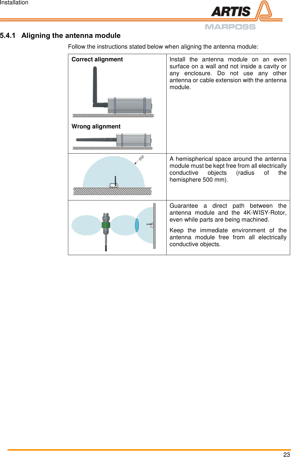 Installation 23 5.4.1 Aligning the antenna module Follow the instructions stated below when aligning the antenna module:  Correct alignment  Install  the  antenna  module  on  an  even surface on a wall and not inside a cavity or any  enclosure.  Do  not  use  any  other antenna or cable extension with the antenna module. Wrong alignment    A hemispherical space around the antenna module must be kept free from all electrically conductive  objects  (radius  of  the hemisphere 500 mm).  Guarantee  a  direct  path  between  the antenna  module  and  the  4K-WISY-Rotor, even while parts are being machined. Keep  the  immediate  environment  of  the antenna  module  free  from  all  electrically conductive objects. 