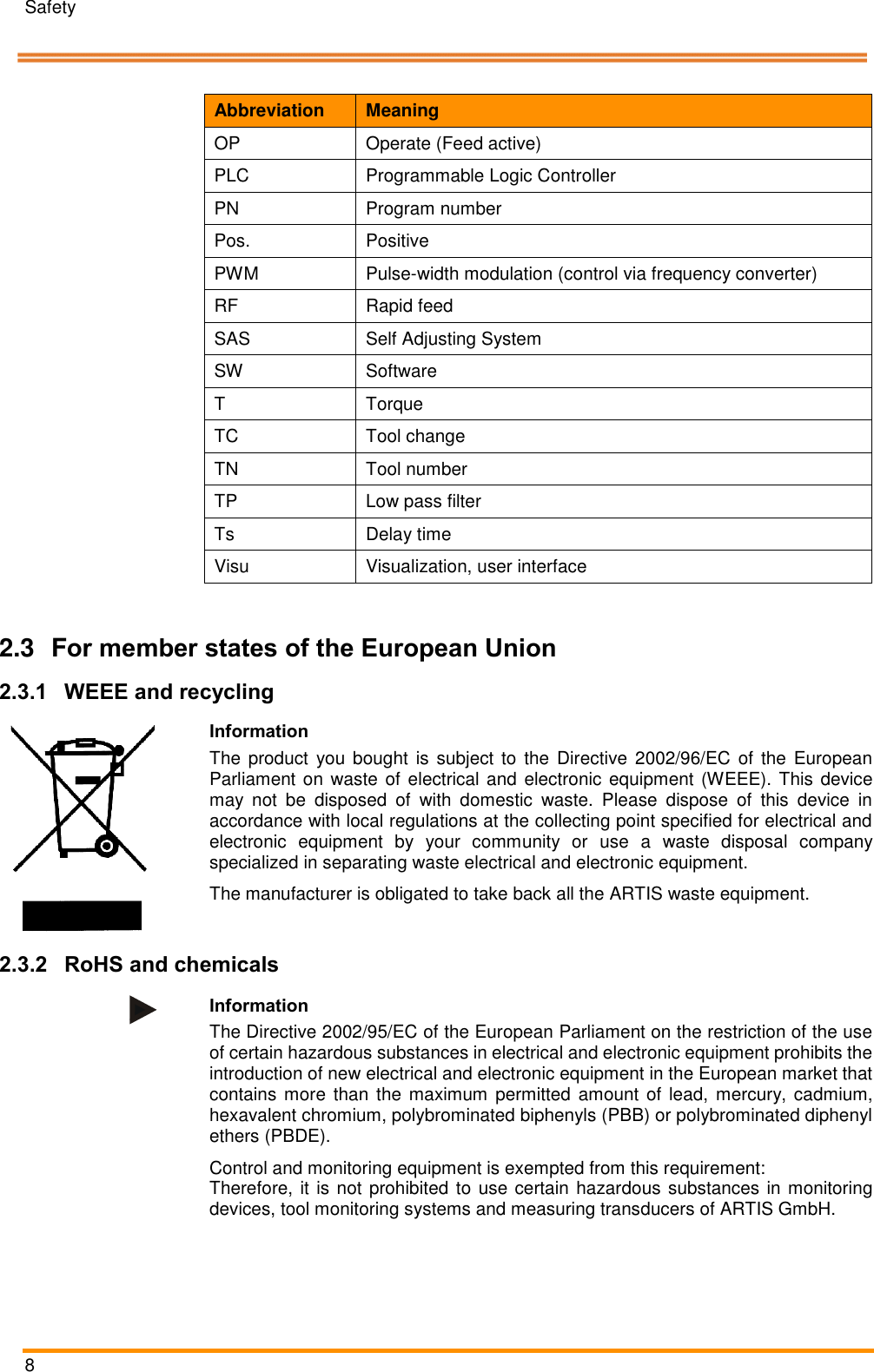 Safety   8   Abbreviation Meaning OP Operate (Feed active) PLC Programmable Logic Controller PN Program number Pos. Positive PWM Pulse-width modulation (control via frequency converter) RF Rapid feed SAS Self Adjusting System SW Software T Torque TC Tool change TN Tool number TP Low pass filter Ts Delay time Visu Visualization, user interface  Pos: 12 /ARTIS/Sic herheit/Allg emein_WEEE, Rec ycling, RoH S, Chemikalien @  0\mod_ 1382345046250_1 8.docx @ 121 4 @ 233 @ 1  2.3  For member states of the European Union 2.3.1 WEEE and recycling   Information The product  you bought  is subject to  the  Directive  2002/96/EC  of the  European Parliament on waste of electrical and electronic equipment (WEEE). This device may  not  be  disposed  of  with  domestic  waste.  Please  dispose  of  this  device  in accordance with local regulations at the collecting point specified for electrical and electronic  equipment  by  your  community  or  use  a  waste  disposal  company specialized in separating waste electrical and electronic equipment. The manufacturer is obligated to take back all the ARTIS waste equipment.  2.3.2 RoHS and chemicals    Information The Directive 2002/95/EC of the European Parliament on the restriction of the use of certain hazardous substances in electrical and electronic equipment prohibits the introduction of new electrical and electronic equipment in the European market that contains more  than  the maximum  permitted amount of lead,  mercury, cadmium, hexavalent chromium, polybrominated biphenyls (PBB) or polybrominated diphenyl ethers (PBDE). Control and monitoring equipment is exempted from this requirement: Therefore, it is not prohibited to use certain hazardous substances in monitoring devices, tool monitoring systems and measuring transducers of ARTIS GmbH.   Pos: 13 /ARTIS/Sic herheit/Transp ort, Verpac kung, Lagerung, R eparatur/Trans port, Verpackung , Lagerung @ 0 \mod_1 384437320788_ 18.docx @ 3450  @ 23333 @ 1   
