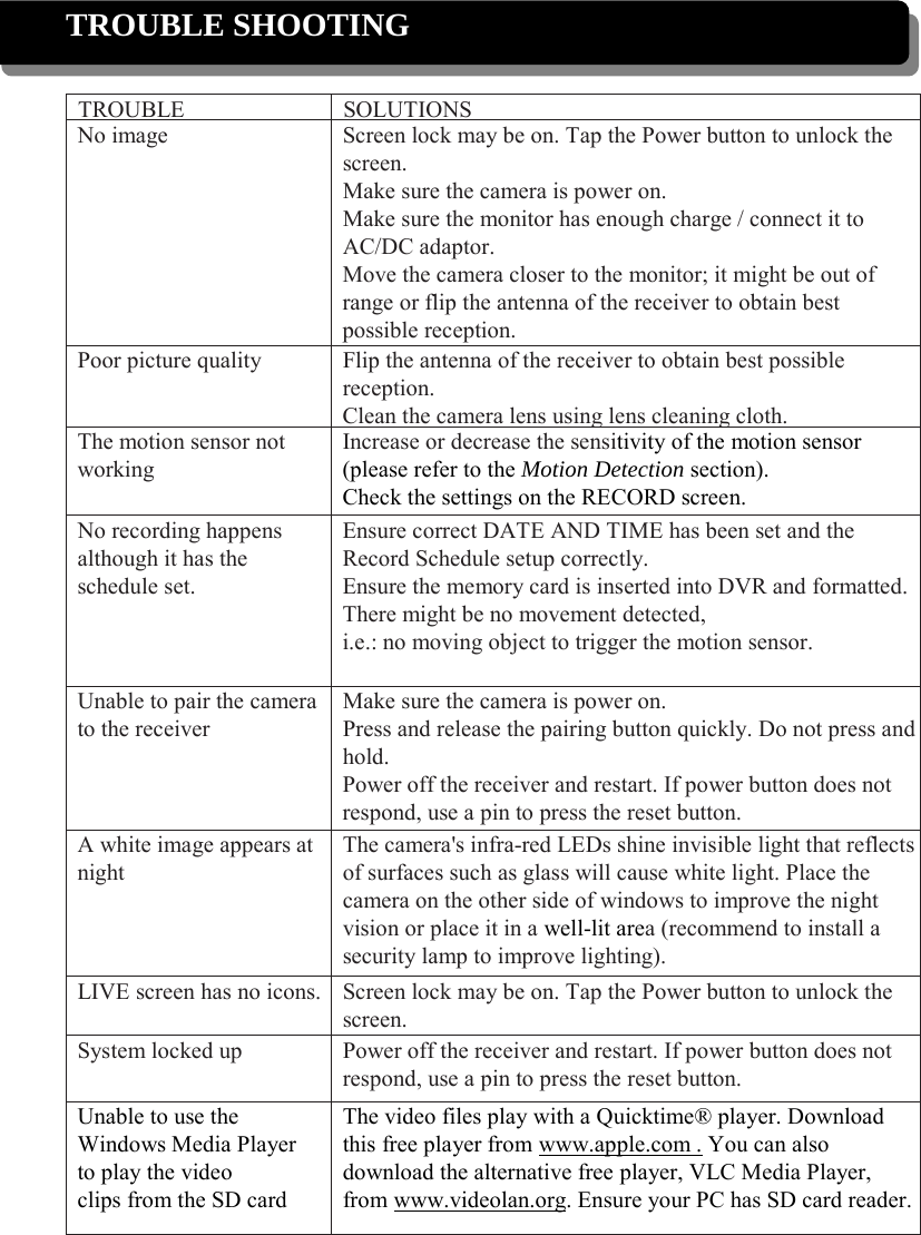 TROUBLE SHOOTING  TROUBLE SOLUTIONS No image Screen lock may be on. Tap the Power button to unlock the screen. Make sure the camera is power on. Make sure the monitor has enough charge / connect it to AC/DC adaptor. Move the camera closer to the monitor; it might be out of range or flip the antenna of the receiver to obtain best possible reception.                           Poor picture quality Flip the antenna of the receiver to obtain best possible reception. Clean the camera lens using lens cleaning cloth. The motion sensor not working Increase or decrease the sensitivity of the motion sensor (please refer to the Motion Detection section). Check the settings on the RECORD screen. No recording happens although it has the schedule set. Ensure correct DATE AND TIME has been set and the Record Schedule setup correctly. Ensure the memory card is inserted into DVR and formatted. There might be no movement detected, i.e.: no moving object to trigger the motion sensor. Unable to pair the camera to the receiver Make sure the camera is power on. Press and release the pairing button quickly. Do not press and hold. Power off the receiver and restart. If power button does not respond, use a pin to press the reset button. A white image appears at night The camera&apos;s infra-red LEDs shine invisible light that reflects of surfaces such as glass will cause white light. Place the camera on the other side of windows to improve the night vision or place it in a well-lit area (recommend to install a security lamp to improve lighting). LIVE screen has no icons. Screen lock may be on. Tap the Power button to unlock the screen. System locked up Power off the receiver and restart. If power button does not respond, use a pin to press the reset button. Unable to use the Windows Media Player   to play the video clips from the SD card The video files play with a Quicktime® player. Download this free player from www.apple.com . You can also download the alternative free player, VLC Media Player, from www.videolan.org. Ensure your PC has SD card reader. 