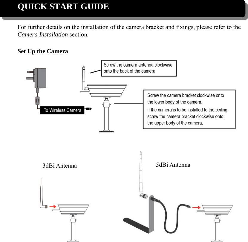  QUICK START GUIDE  For further details on the installation of the camera bracket and fixings, please refer to the Camera Installation section.  Set Up the Camera                             3dBi Antenna 5dBi Antenna 