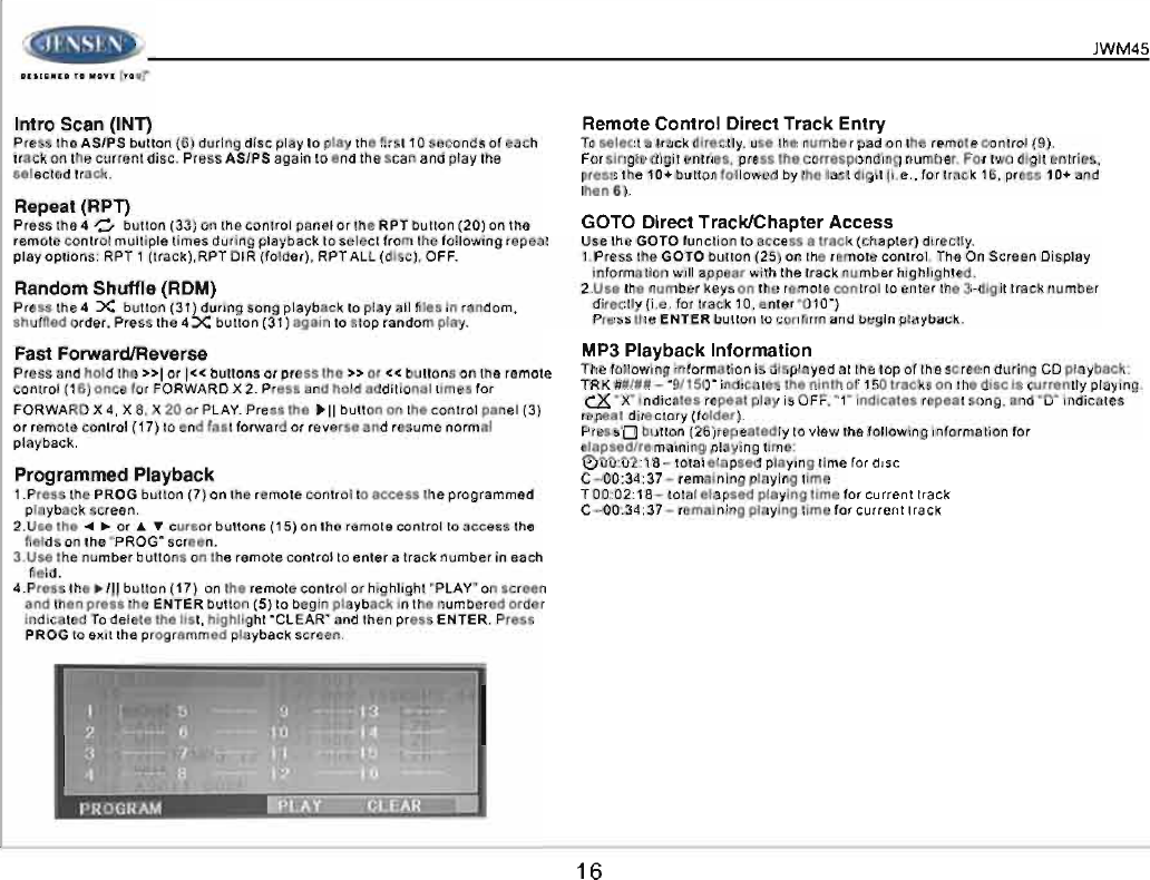 Page 16 of ASA Electronics JWM45 JENSEN 2-ZONE WALL STEREO User Manual 00