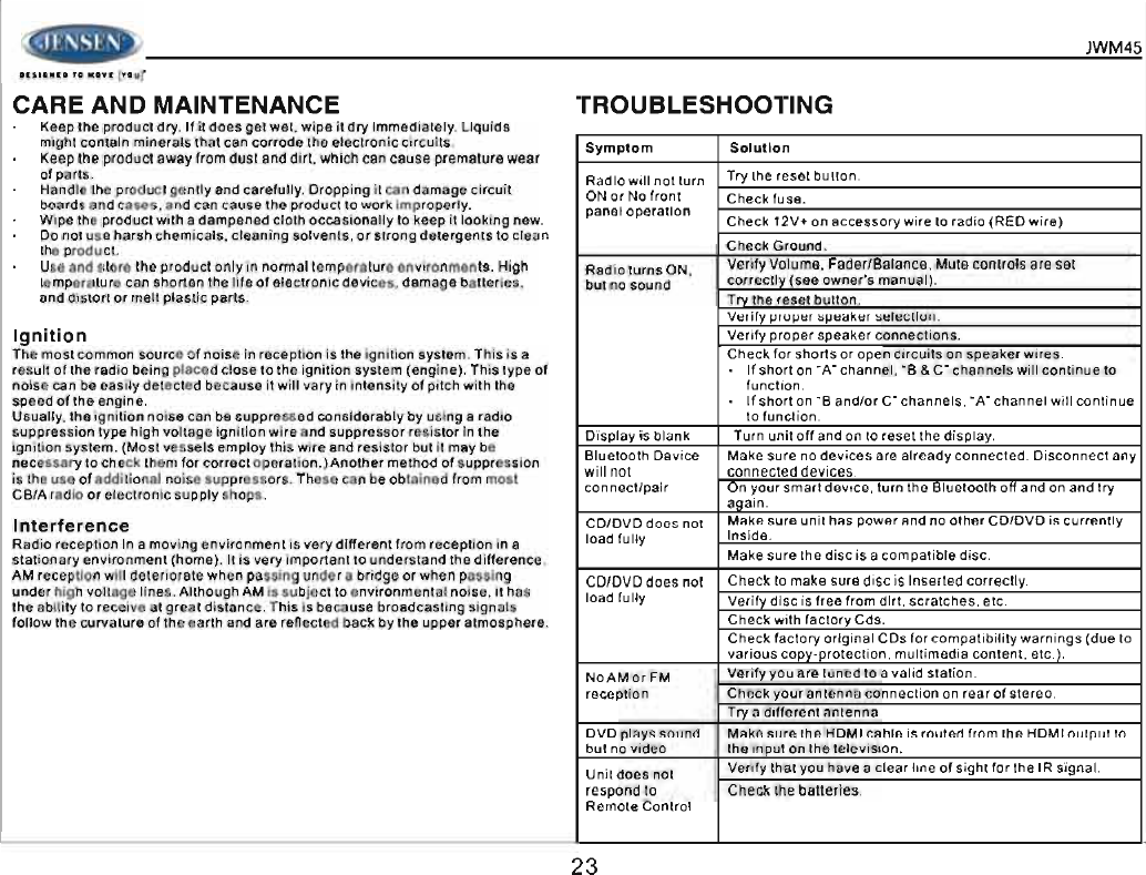 Page 23 of ASA Electronics JWM45 JENSEN 2-ZONE WALL STEREO User Manual 00