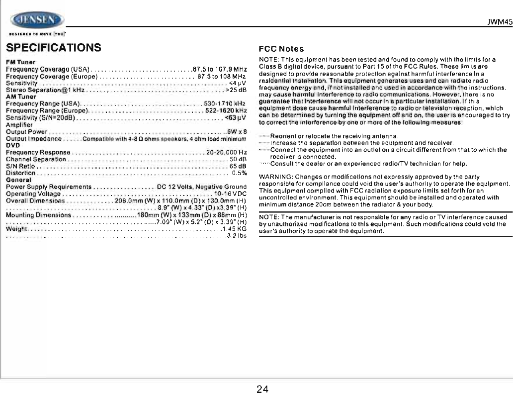 Page 24 of ASA Electronics JWM45 JENSEN 2-ZONE WALL STEREO User Manual 00