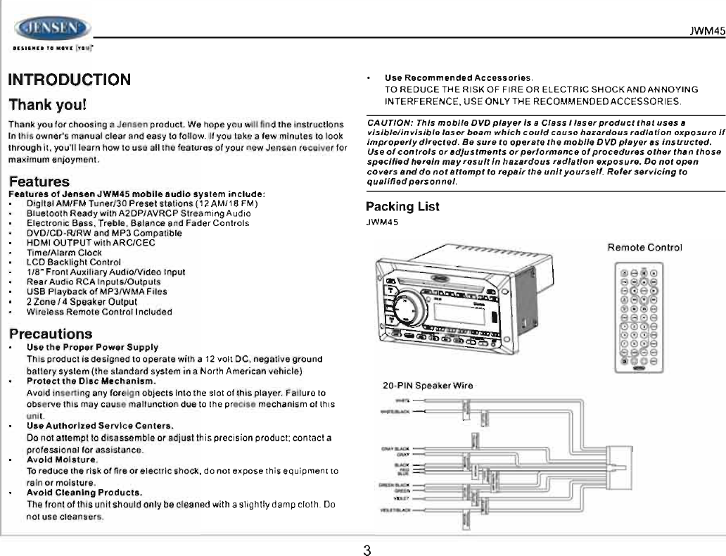 Page 3 of ASA Electronics JWM45 JENSEN 2-ZONE WALL STEREO User Manual 00