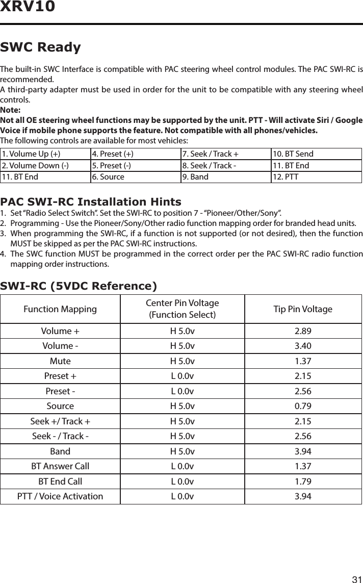 31XRV10SWC ReadyThe built-in SWC Interface is compatible with PAC steering wheel control modules. The PAC SWI-RC is recommended.A third-party adapter must be used in order for the unit to be compatible with any steering wheel controls.Note:Not all OE steering wheel functions may be supported by the unit. PTT - Will activate Siri / Google Voice if mobile phone supports the feature. Not compatible with all phones/vehicles.The following controls are available for most vehicles:1.VolumeUp(+) 4.Preset(+) 7.Seek/Track+ 10. BT Send2. Volume Down (-) 5. Preset (-)  8.Seek/Track- 11. BT End11. BT End 6. Source 9. Band 12. PTTPAC SWI-RC Installation Hints1.  Set “Radio Select Switch”. Set the SWI-RC to position 7 - “Pioneer/Other/Sony”.2.   Programming - Use the Pioneer/Sony/Other radio function mapping order for branded head units.3. WhenprogrammingtheSWI-RC,ifafunctionisnotsupported(ornotdesired),thenthefunctionMUST be skipped as per the PAC SWI-RC instructions.4.   The SWC function MUST be programmed in the correct order per the PAC SWI-RC radio function mapping order instructions.SWI-RC (5VDC Reference)Function Mapping Center Pin Voltage(Function Select) Tip Pin VoltageVolume+ H 5.0v 2.89Volume - H 5.0v 3.40Mute H 5.0v 1.37Preset+ L 0.0v 2.15Preset - L 0.0v 2.56Source H 5.0v 0.79Seek+/Track+ H 5.0v 2.15Seek - / Track - H 5.0v 2.56Band H 5.0v 3.94BT Answer Call L 0.0v 1.37BT End Call L 0.0v 1.79PTT / Voice Activation L 0.0v 3.94