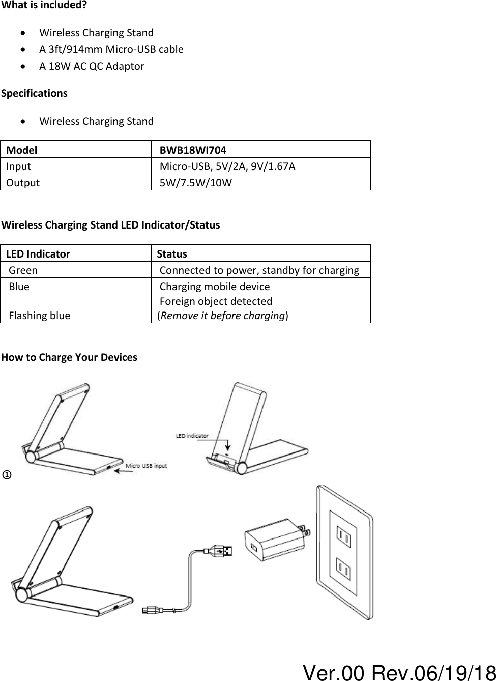 Ver.00 Rev.06/19/18  What is included? • Wireless Charging Stand • A 3ft/914mm Micro-USB cable • A 18W AC QC Adaptor Specifications • Wireless Charging Stand Model  BWB18WI704 Input  Micro-USB, 5V/2A, 9V/1.67A Output  5W/7.5W/10W  Wireless Charging Stand LED Indicator/Status  LED Indicator Status  Green  Connected to power, standby for charging  Blue  Charging mobile device  Flashing blue  Foreign object detected (Remove it before charging)  How to Charge Your Devices  ○1    