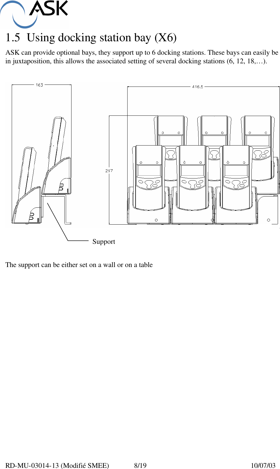  RD-MU-03014-13 (Modifié SMEE)  8/19  10/07/03 1.5 Using docking station bay (X6)  ASK can provide optional bays, they support up to 6 docking stations. These bays can easily be in juxtaposition, this allows the associated setting of several docking stations (6, 12, 18,…).        The support can be either set on a wall or on a table        Support 