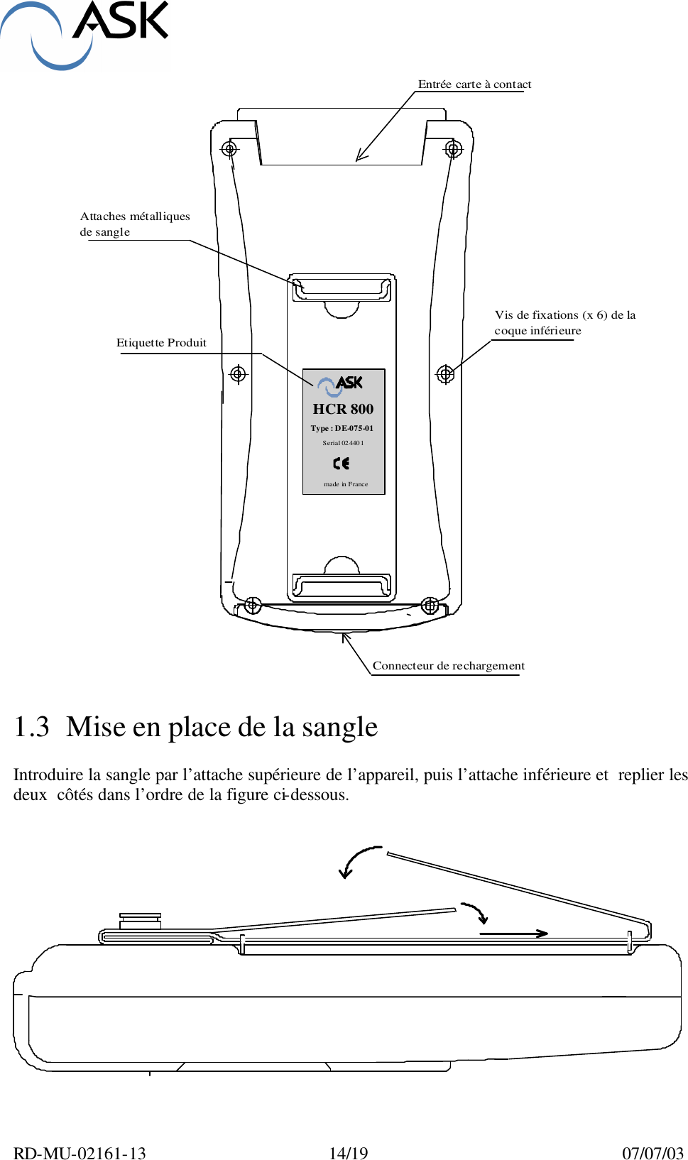  RD-MU-02161-13  14/19  07/07/03 Entrée carte à contactConnecteur de rechargementVis de fixations (x 6) de la coque inférieureAttaches métalliquesde sangleHCR 800made in FranceType : DE-075-01Serial 024401Etiquette Produit  1.3 Mise en place de la sangle  Introduire la sangle par l’attache supérieure de l’appareil, puis l’attache inférieure et  replier les deux  côtés dans l’ordre de la figure ci-dessous.     