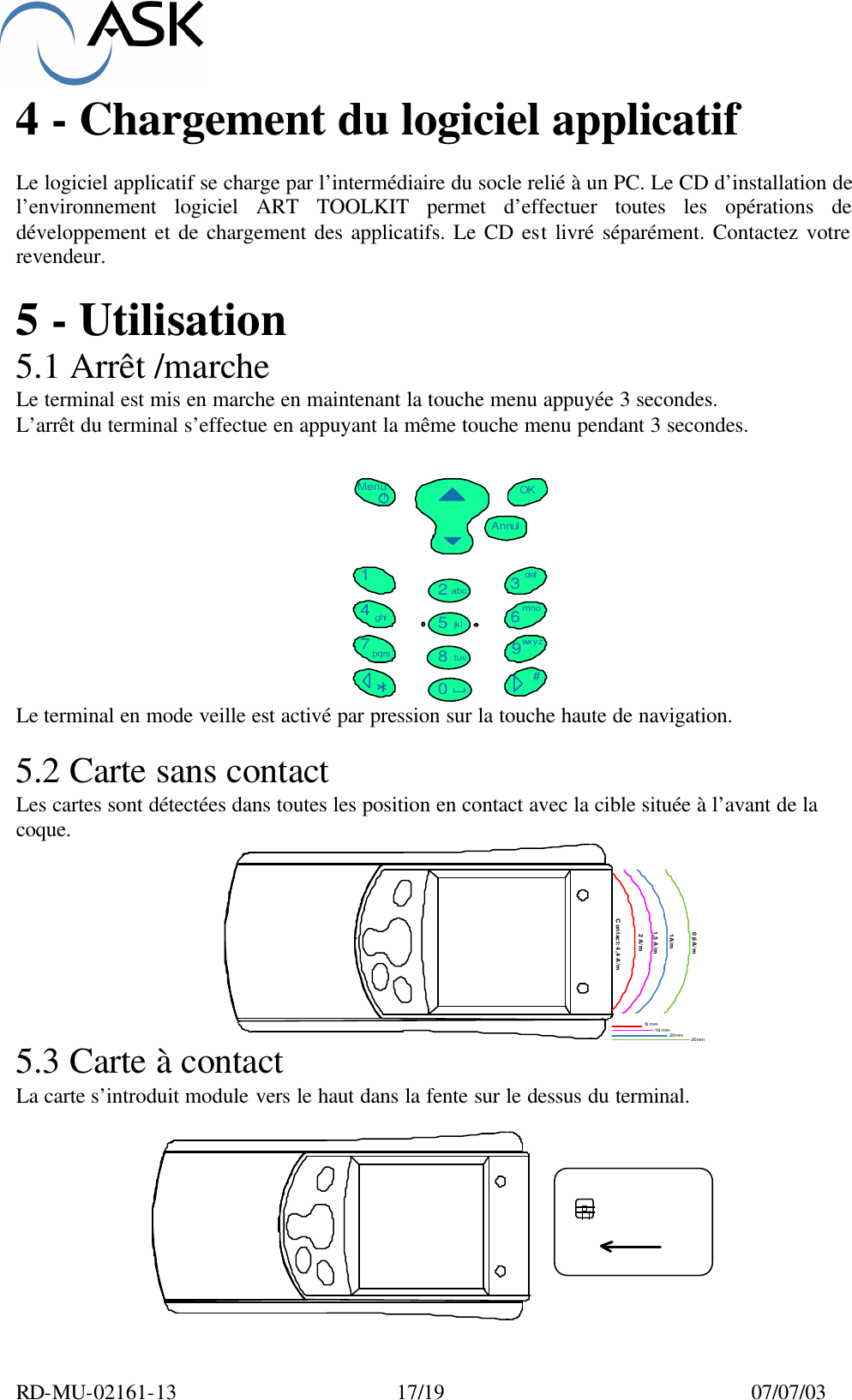  RD-MU-02161-13  17/19  07/07/03 4 - Chargement du logiciel applicatif  Le logiciel applicatif se charge par l’intermédiaire du socle relié à un PC. Le CD d’installation de l’environnement logiciel ART TOOLKIT permet d’effectuer toutes les opérations de développement et de chargement des applicatifs. Le CD est livré séparément. Contactez votre revendeur.   5 - Utilisation 5.1 Arrêt /marche Le terminal est mis en marche en maintenant la touche menu appuyée 3 secondes. L’arrêt du terminal s’effectue en appuyant la même touche menu pendant 3 secondes.  Le terminal en mode veille est activé par pression sur la touche haute de navigation.  5.2 Carte sans contact Les cartes sont détectées dans toutes les position en contact avec la cible située à l’avant de la coque. 5.3 Carte à contact La carte s’introduit module vers le haut dans la fente sur le dessus du terminal.   Menu OKAnnul1234567890abcdefghijklmnopqrstuvwxyz#0,6A/m1A/m1,5 A/m2 A/mContact: 4,4 A/m13 mm18 mm25 mm 35 mm