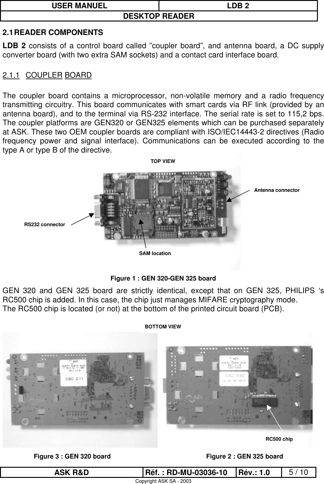 USER MANUEL LDB 2DESKTOP READERASK R&amp;D Réf. : RD-MU-03036-10 Rév.: 1.0 5 / 10Copyright ASK SA - 20032.1 READER COMPONENTSLDB 2 consists of a control board called ”coupler board”, and antenna board, a DC supplyconverter board (with two extra SAM sockets) and a contact card interface board.2.1.1 COUPLER BOARDThe coupler board contains a microprocessor, non-volatile memory and a radio frequencytransmitting circuitry. This board communicates with smart cards via RF link (provided by anantenna board), and to the terminal via RS-232 interface. The serial rate is set to 115,2 bps.The coupler platforms are GEN320 or GEN325 elements which can be purchased separatelyat ASK. These two OEM coupler boards are compliant with ISO/IEC14443-2 directives (Radiofrequency power and signal interface). Communications can be executed according to thetype A or type B of the directive.Figure 1 : GEN 320-GEN 325 boardGEN 320 and GEN 325 board are strictly identical, except that on GEN 325, PHILIPS ‘sRC500 chip is added. In this case, the chip just manages MIFARE cryptography mode.The RC500 chip is located (or not) at the bottom of the printed circuit board (PCB).SAM locationRS232 connectorAntenna connectorRC500 chipTOP VIEWBOTTOM VIEWFigure 3 : GEN 320 boardFigure 2 : GEN 325 board
