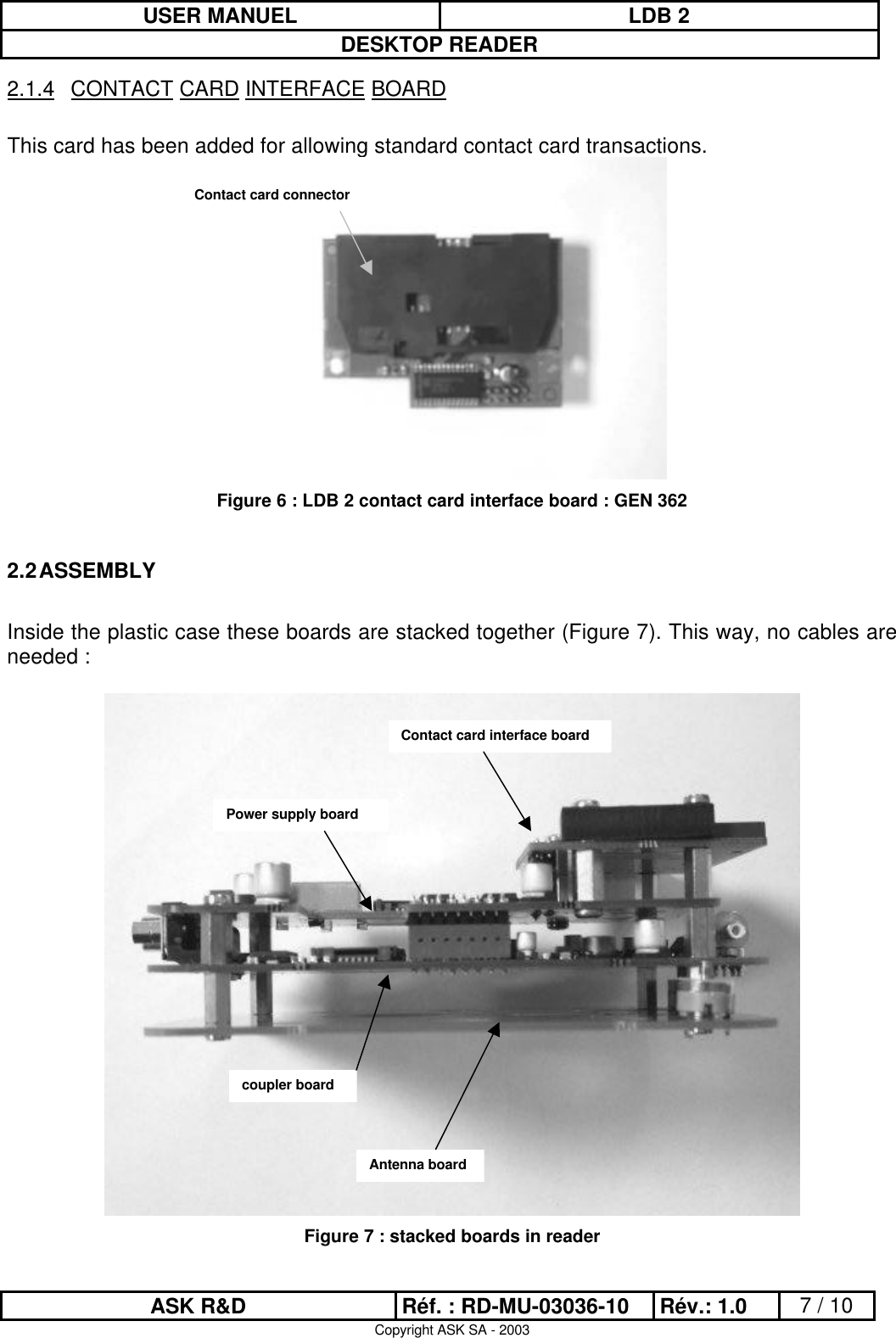 USER MANUEL LDB 2DESKTOP READERASK R&amp;D Réf. : RD-MU-03036-10 Rév.: 1.0 7 / 10Copyright ASK SA - 20032.1.4 CONTACT CARD INTERFACE BOARDThis card has been added for allowing standard contact card transactions.Figure 6 : LDB 2 contact card interface board : GEN 3622.2 ASSEMBLYInside the plastic case these boards are stacked together (Figure 7). This way, no cables areneeded :Figure 7 : stacked boards in readerContact card connectorContact card interface boardPower supply boardcoupler boardAntenna board