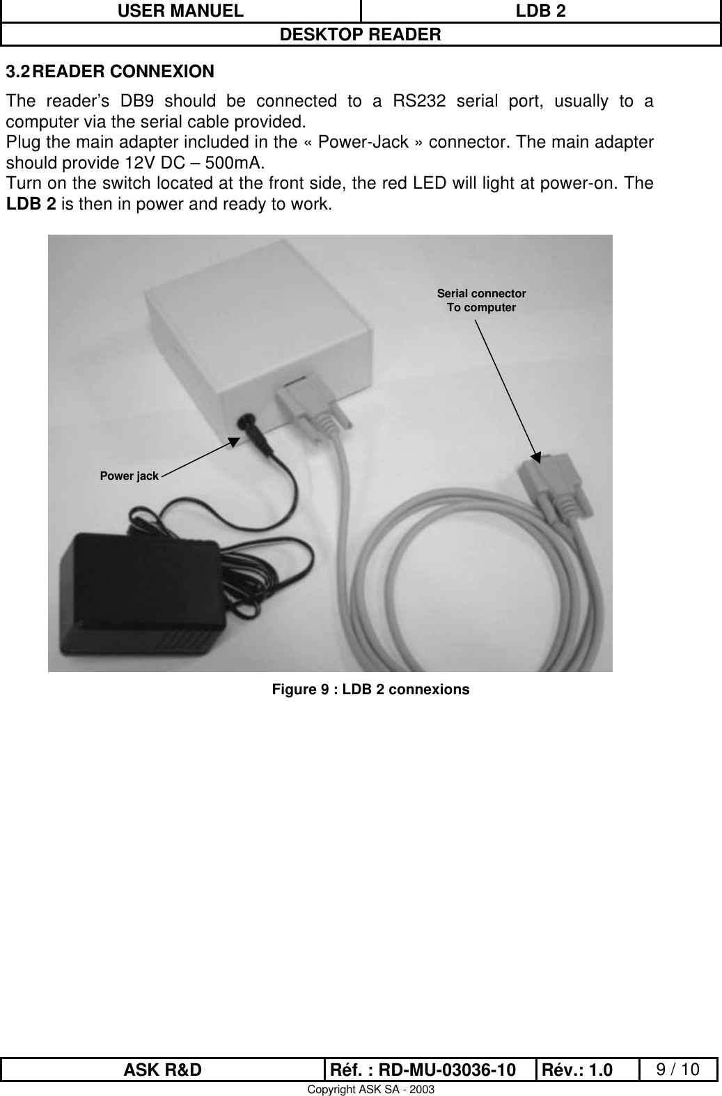 USER MANUEL LDB 2DESKTOP READERASK R&amp;D Réf. : RD-MU-03036-10 Rév.: 1.0 9 / 10Copyright ASK SA - 20033.2 READER CONNEXIONThe reader’s DB9 should be connected to a RS232 serial port, usually to acomputer via the serial cable provided.Plug the main adapter included in the « Power-Jack » connector. The main adaptershould provide 12V DC – 500mA.Turn on the switch located at the front side, the red LED will light at power-on. TheLDB 2 is then in power and ready to work.Figure 9 : LDB 2 connexionsSerial connectorTo computerPower jack
