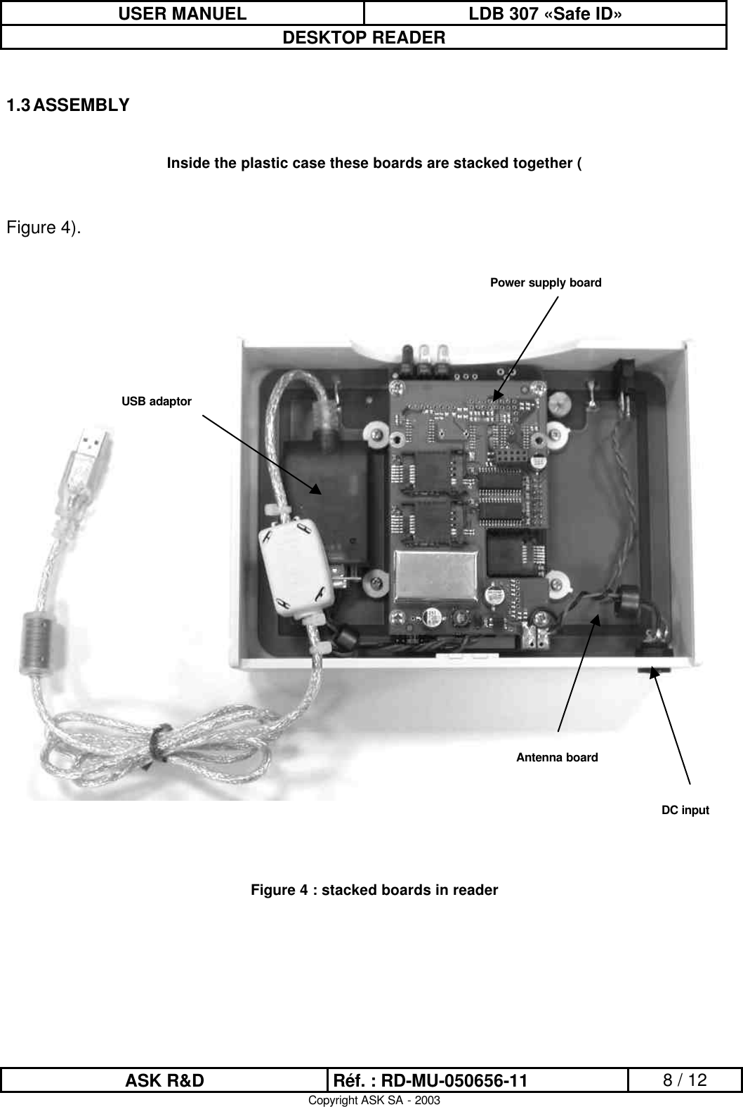USER MANUEL LDB 307 «Safe ID» DESKTOP READER  ASK R&amp;D Réf. : RD-MU-050656-11 8 / 12 Copyright ASK SA - 2003  1.3 ASSEMBLY  Inside the plastic case these boards are stacked together (  Figure 4).         Figure 4 : stacked boards in reader Power supply board USB adaptor Antenna board DC input 