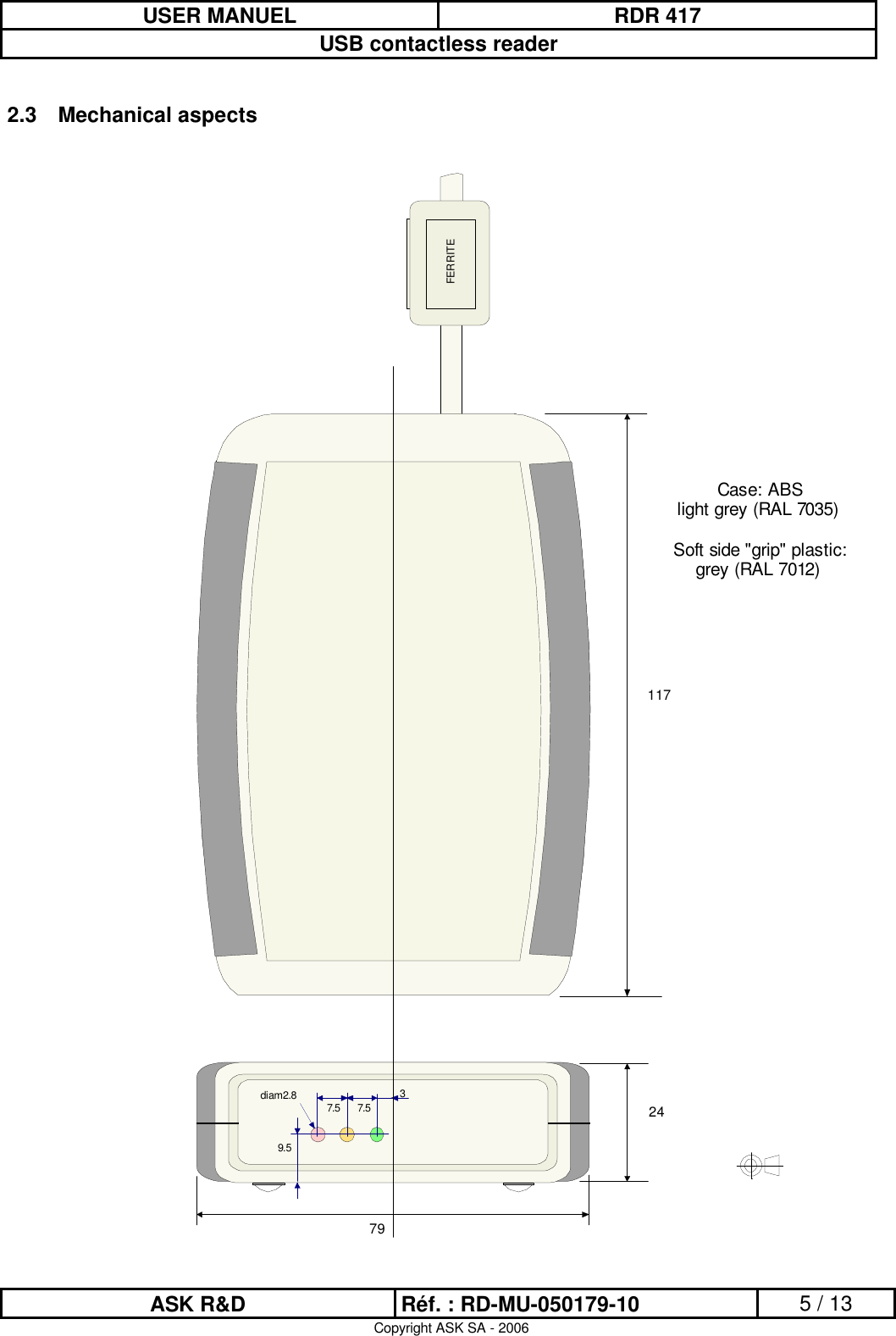 USER MANUEL RDR 417USB contactless readerASK R&amp;D Réf. : RD-MU-050179-10 5 / 13Copyright ASK SA - 20062.3 Mechanical aspects7.5 7.539.5diam2.811779FERRITE24Case: ABSlight grey (RAL 7035)Soft side &quot;grip&quot; plastic:grey (RAL 7012)