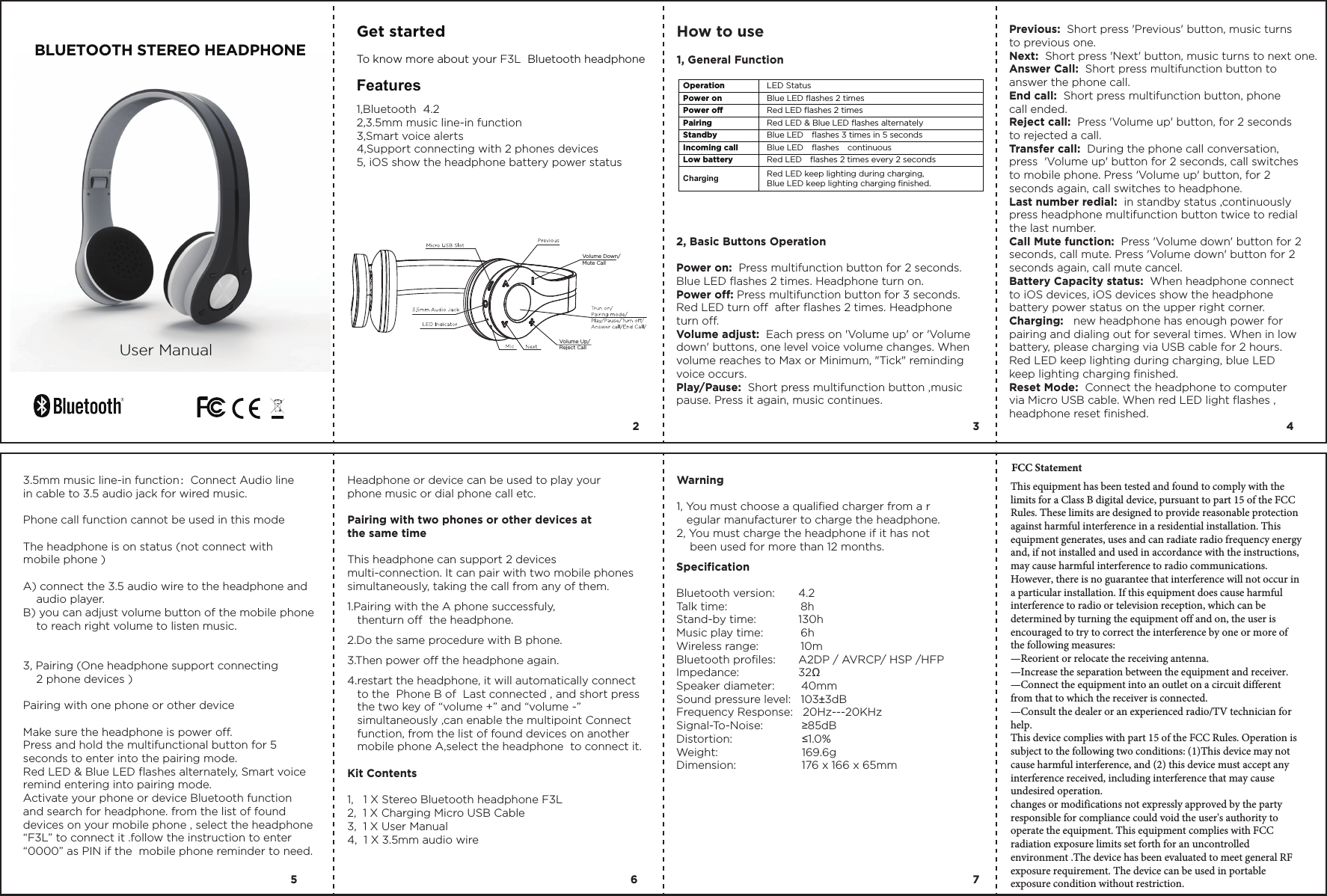BLUETOOTH STEREO HEADPHONEUser ManualGet started To know more about your F3L  Bluetooth headphoneFeatures1,Bluetooth  4.22,3.5mm music line-in function3,Smart voice alerts4,Support connecting with 2 phones devices  5, iOS show the headphone battery power statusHow to use1, General Function 2, Basic Buttons OperationPower on:  Press multifunction button for 2 seconds. Blue LED flashes 2 times. Headphone turn on.Power off: Press multifunction button for 3 seconds. Red LED turn off  after flashes 2 times. Headphone turn off.Volume adjust:  Each press on 'Volume up' or 'Volume down' buttons, one level voice volume changes. When volume reaches to Max or Minimum, "Tick" reminding voice occurs.Play/Pause:  Short press multifunction button ,music pause. Press it again, music continues.Previous:  Short press 'Previous' button, music turns to previous one.Next:  Short press 'Next' button, music turns to next one.Answer Call:  Short press multifunction button to answer the phone call.End call:  Short press multifunction button, phone call ended.Reject call:  Press 'Volume up' button, for 2 seconds to rejected a call.Transfer call:  During the phone call conversation, press  'Volume up' button for 2 seconds, call switches to mobile phone. Press 'Volume up' button, for 2 seconds again, call switches to headphone. Last number redial:  in standby status ,continuously press headphone multifunction button twice to redial the last number.Call Mute function:  Press 'Volume down' button for 2 seconds, call mute. Press 'Volume down' button for 2 seconds again, call mute cancel.Battery Capacity status:  When headphone connect to iOS devices, iOS devices show the headphone battery power status on the upper right corner.Charging:   new headphone has enough power for pairing and dialing out for several times. When in low battery, please charging via USB cable for 2 hours. Red LED keep lighting during charging, blue LED keep lighting charging finished.Reset Mode:  Connect the headphone to computer via Micro USB cable. When red LED light flashes ,headphone reset finished.3.5mm music line-in function：Connect Audio line in cable to 3.5 audio jack for wired music.Phone call function cannot be used in this modeThe headphone is on status (not connect with mobile phone )A) connect the 3.5 audio wire to the headphone andaudio player.B) you can adjust volume button of the mobile phoneto reach right volume to listen music.3, Pairing (One headphone support connecting     2 phone devices )Pairing with one phone or other deviceMake sure the headphone is power off.Press and hold the multifunctional button for 5 seconds to enter into the pairing mode.Red LED &amp; Blue LED flashes alternately, Smart voice remind entering into pairing mode. Activate your phone or device Bluetooth function and search for headphone. from the list of found devices on your mobile phone , select the headphone&ldquo;F3L&rdquo; to connect it .follow the instruction to enter &ldquo;0000&rdquo; as PIN if the  mobile phone reminder to need.Kit Contents1,   1 X Stereo Bluetooth headphone F3L2,  1 X Charging Micro USB Cable3,  1 X User Manual4,  1 X 3.5mm audio wireSpecificationBluetooth version:      4.2Talk time:      8h Stand-by time:     130hMusic play time:    6h Wireless range:    10mBluetooth profiles:      A2DP / AVRCP/ HSP /HFPImpedance:     32ΩSpeaker diameter:        40mmSound pressure level:   103&plusmn;3dBFrequency Response:   20Hz---20KHzSignal-To-Noise:      &ge;85dBDistortion: &le;1.0%Weight:  169.6gDimension:      176 x 166 x 65mm2 35 6 74Volume Down/Mute CallVolume Up/Reject CallHeadphone or device can be used to play your phone music or dial phone call etc.Pairing with two phones or other devices at the same timeThis headphone can support 2 devices multi-connection. It can pair with two mobile phones simultaneously, taking the call from any of them. 1.Pairing with the A phone successfuly,thenturn off  the headphone.2.Do the same procedure with B phone.3.Then power off the headphone again.4.restart the headphone, it will automatically connectto the  Phone B of  Last connected , and short pressthe two key of &ldquo;volume +&rdquo; and &ldquo;volume -&rdquo;simultaneously ,can enable the multipoint Connectfunction, from the list of found devices on anothermobile phone A,select the headphone  to connect it.Warning 1, You must choose a qualified charger from a r   egular manufacturer to charge the headphone.2, You must charge the headphone if it has not     been used for more than 12 months.Operation    LED Status Power on    Blue LED flashes 2 times Power off    Red LED flashes 2 times Pairing    Red LED &amp; Blue LED flashes alternately Standby    Blue LED    flashes 3 times in 5 seconds Incoming call    Blue LED    flashes    continuous Low battery    Red LED    flashes 2 times every 2 seconds Charging      Red LED keep lighting during charging, Blue LED keep lighting charging finished.FCC Statement This equipment has been tested and found to comply with the limits for a Class B digital device, pursuant to part 15 of the FCC Rules. These limits are designed to provide reasonable protection against harmful interference in a residential installation. This equipment generates, uses and can radiate radio frequency energy and, if not installed and used in accordance with the instructions, may cause harmful interference to radio communications. However, there is no guarantee that interference will not occur in a particular installation. If this equipment does cause harmful interference to radio or television reception, which can be determined by turning the equipment off and on, the user is encouraged to try to correct the interference by one or more of the following measures:&mdash;Reorient or relocate the receiving antenna. &mdash;Increase the separation between the equipment and receiver. &mdash;Connect the equipment into an outlet on a circuit different from that to which the receiver is connected. &mdash;Consult the dealer or an experienced radio/TV technician for help. This device complies with part 15 of the FCC Rules. Operation is subject to the following two conditions: (1)This device may not cause harmful interference, and (2) this device must accept any interference received, including interference that may cause undesired operation. changes or modifications not expressly approved by the party responsible for compliance could void the user's authority to operate the equipment. This equipment complies with FCC radiation exposure limits set forth for an uncontrolled environment .The device has been evaluated to meet general RF exposure requirement. The device can be used in portable exposure condition without restriction.