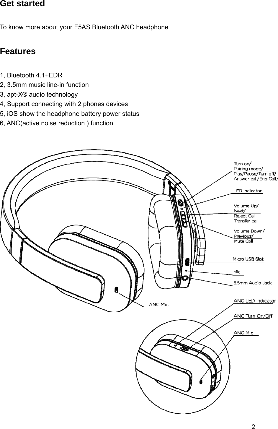 2  Get started    To know more about your F5AS Bluetooth ANC headphone  Features  1, Bluetooth 4.1+EDR 2, 3.5mm music line-in function 3, apt-X&reg; audio technology  4, Support connecting with 2 phones devices     5, iOS show the headphone battery power status 6, ANC(active noise reduction ) function    