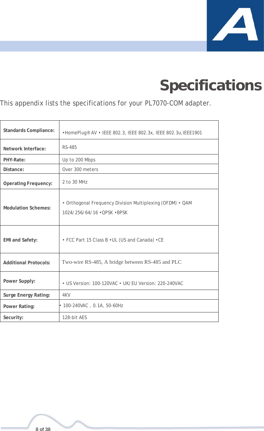    8 of 38        Specifications  This appendix lists the specifications for your PL7070-COM adapter.   Standards Compliance:  •HomePlug® AV • IEEE 802.3, IEEE 802.3x, IEEE 802.3u,IEEE1901  Network Interface: RS-485 PHY-Rate:  Up to 200 Mbps Distance: Over 300 meters  Operating Frequency: 2 to 30 MHz Modulation Schemes: • Orthogonal Frequency Division Multiplexing (OFDM) • QAM  1024/256/64/16 •QPSK •BPSK EMI and Safety: • FCC Part 15 Class B •UL (US and Canada) •CE Additional Protocols: Two-wire RS-485, A bridge between RS-485 and PLC Power Supply:  • US Version: 100-120VAC • UK/EU Version: 220-240VAC Surge Energy Rating: 4KV Power Rating: • 100-240VAC , 0.1A, 50-60Hz Security: 128-bit AES 