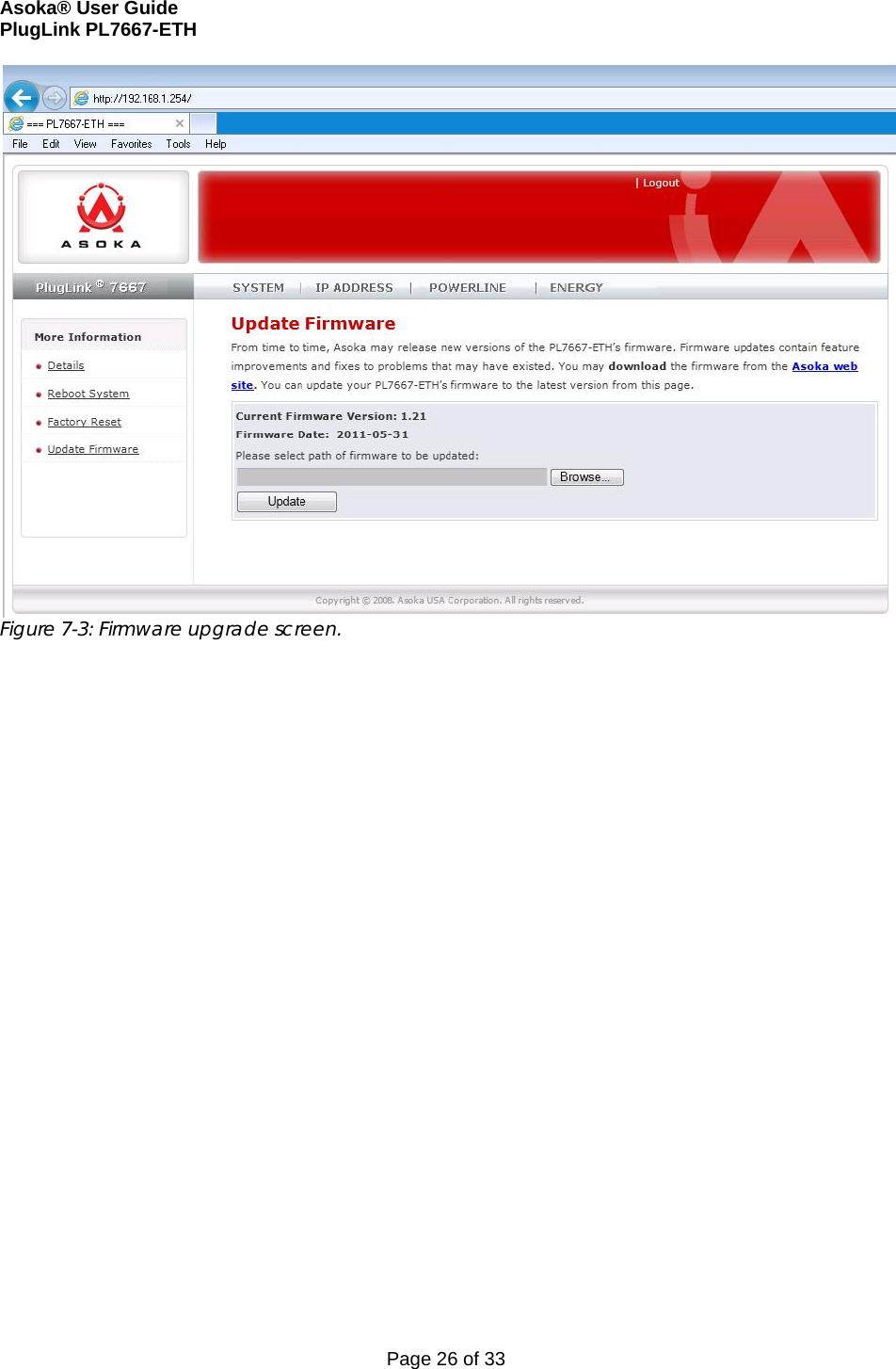 Asoka® User Guide  PlugLink PL7667-ETH Page 26 of 33  Figure 7-3: Firmware upgrade screen.                      